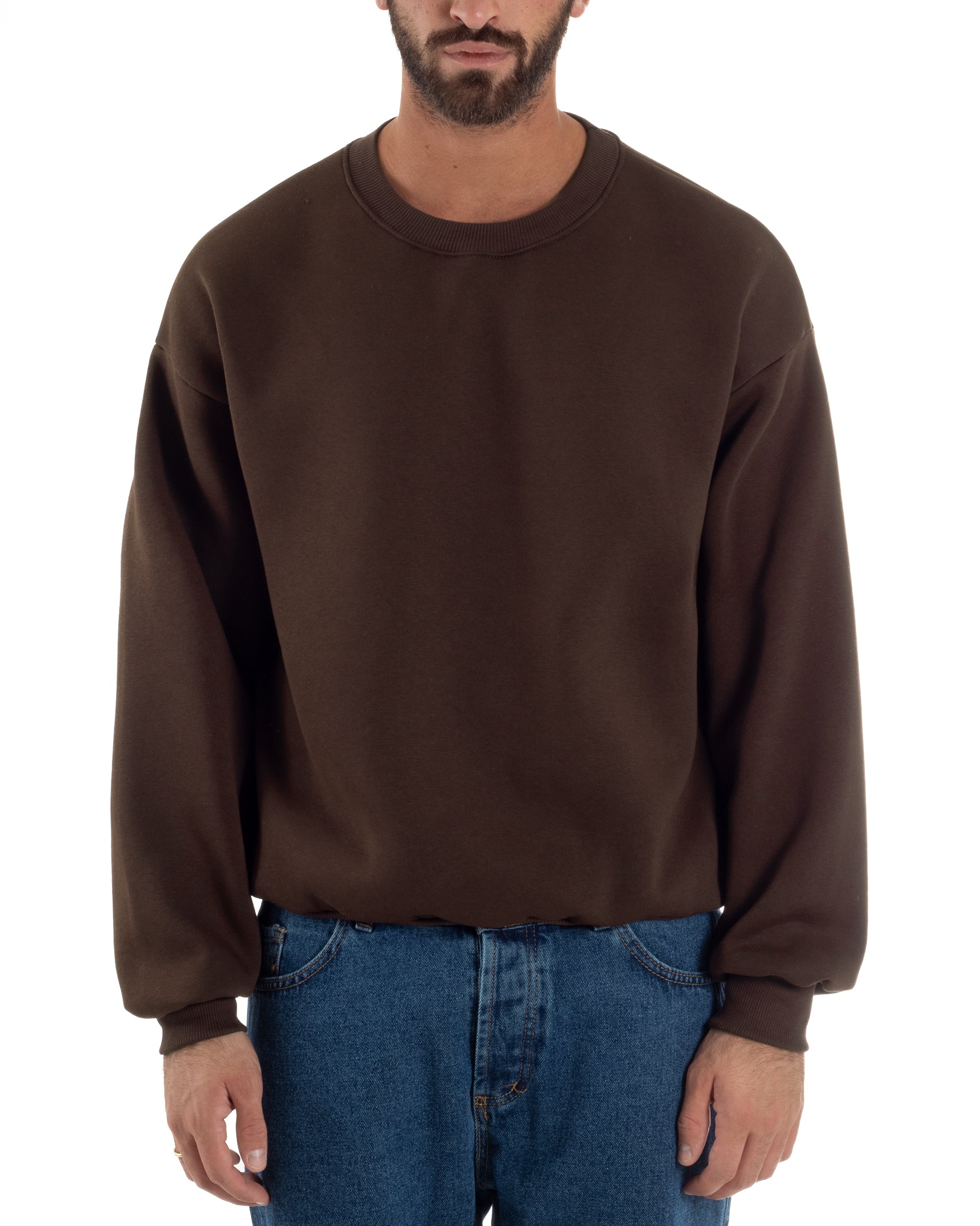 Felpa Girocollo Hoodie Boxy Fit Basic Felpata Marrone F3058A