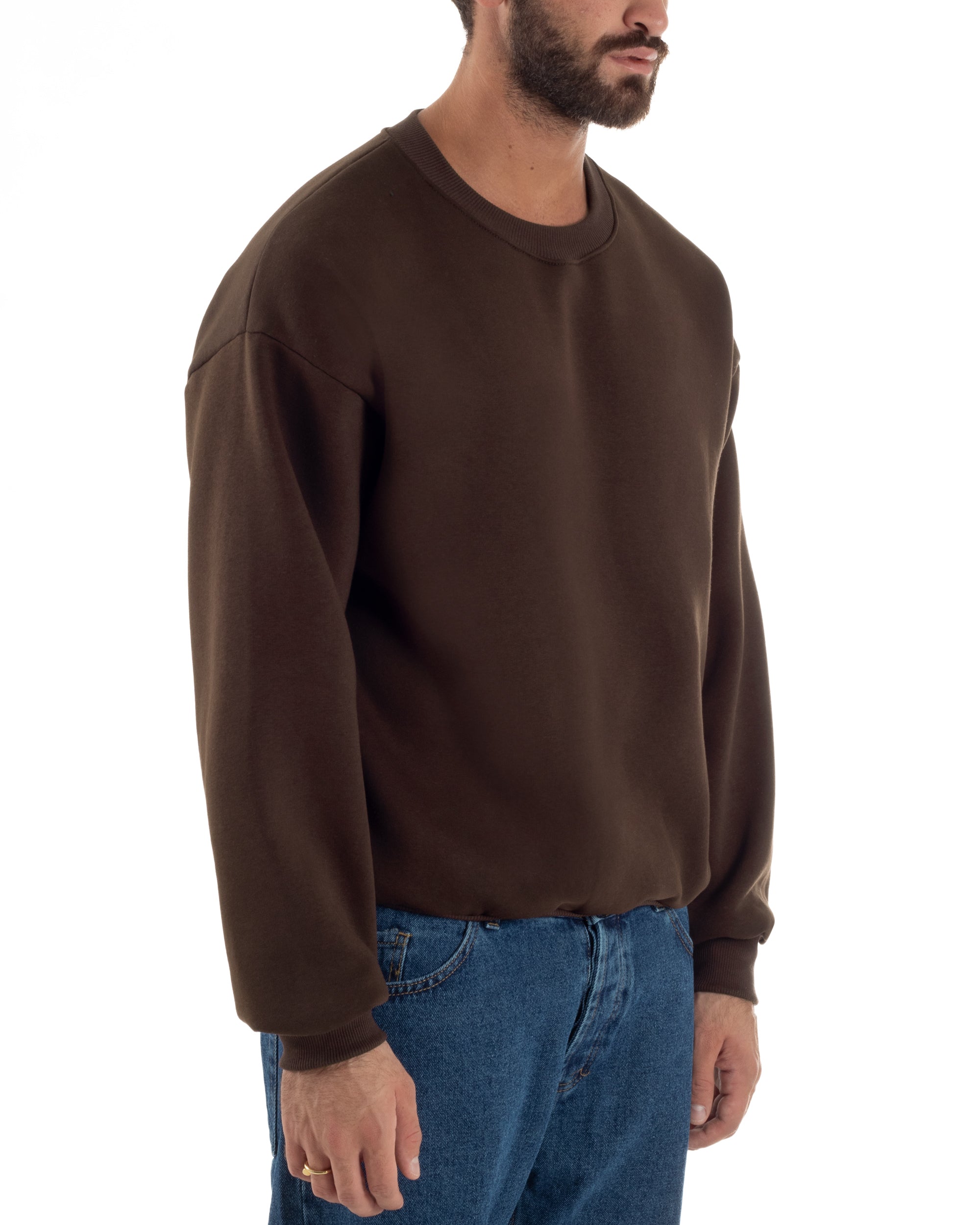 Felpa Girocollo Hoodie Boxy Fit Basic Felpata Marrone F3058A