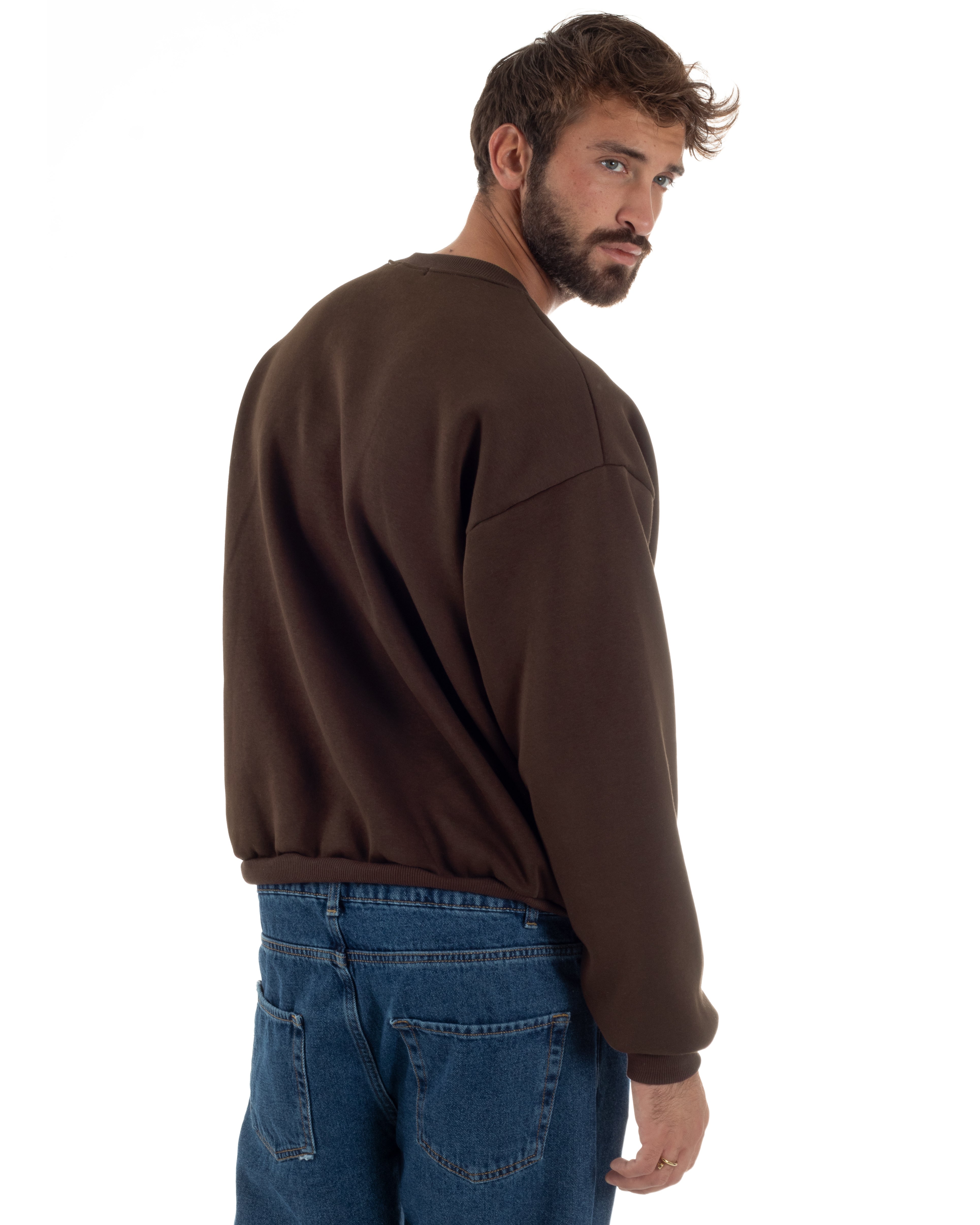 Felpa Girocollo Hoodie Boxy Fit Basic Felpata Marrone F3058A