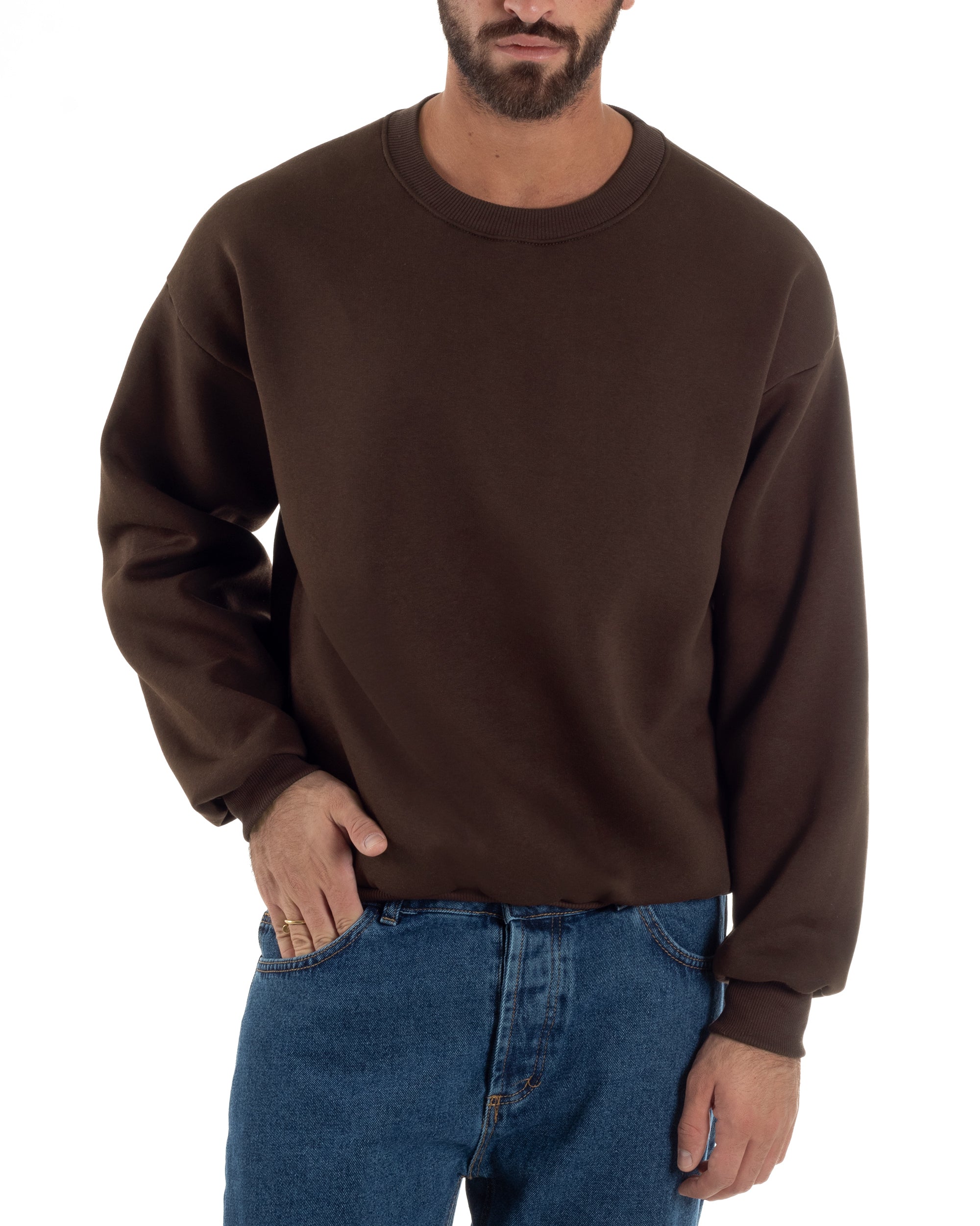 Felpa Girocollo Hoodie Boxy Fit Basic Felpata Marrone F3058A