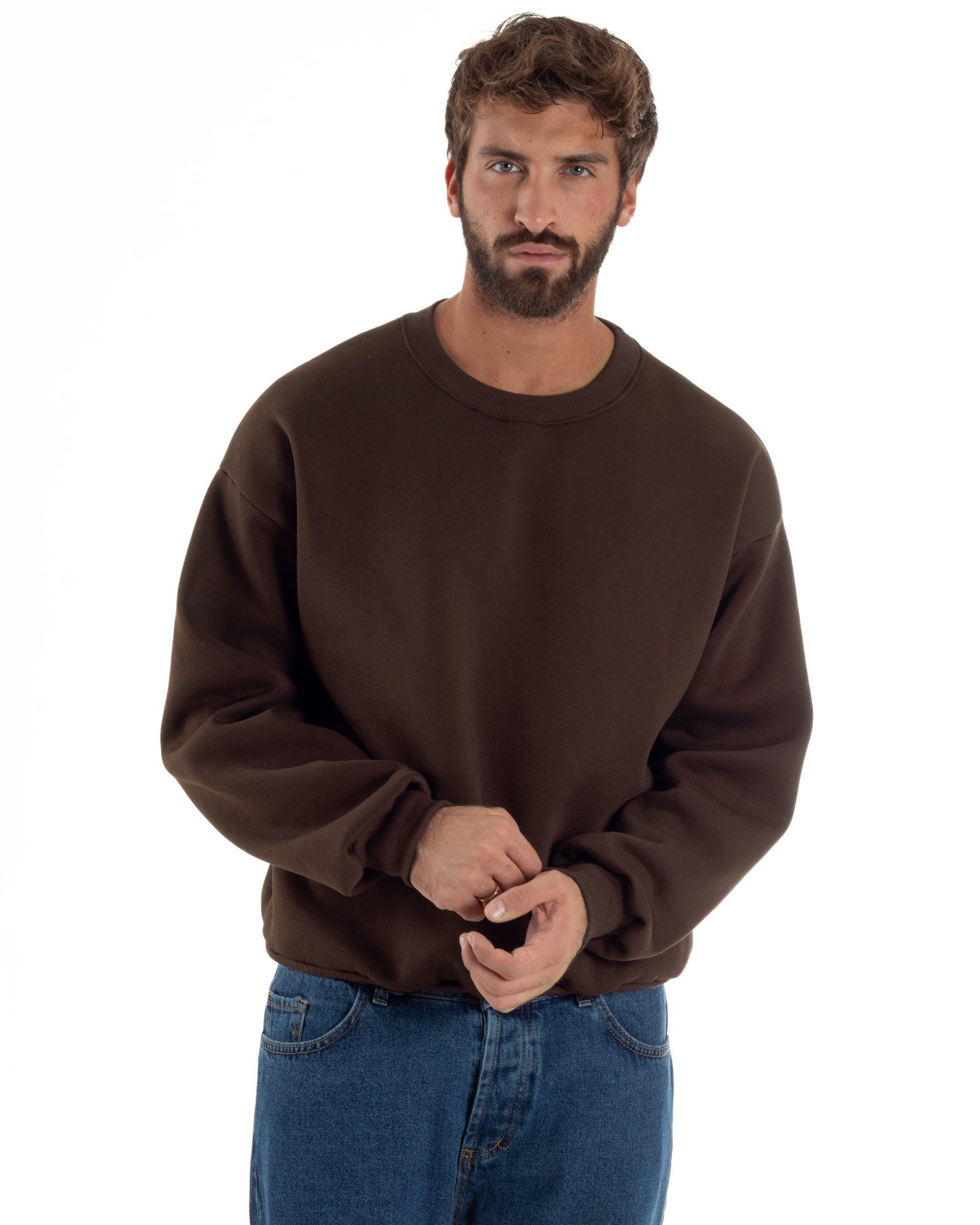 Felpa Girocollo Hoodie Boxy Fit Basic Felpata Marrone F3058A