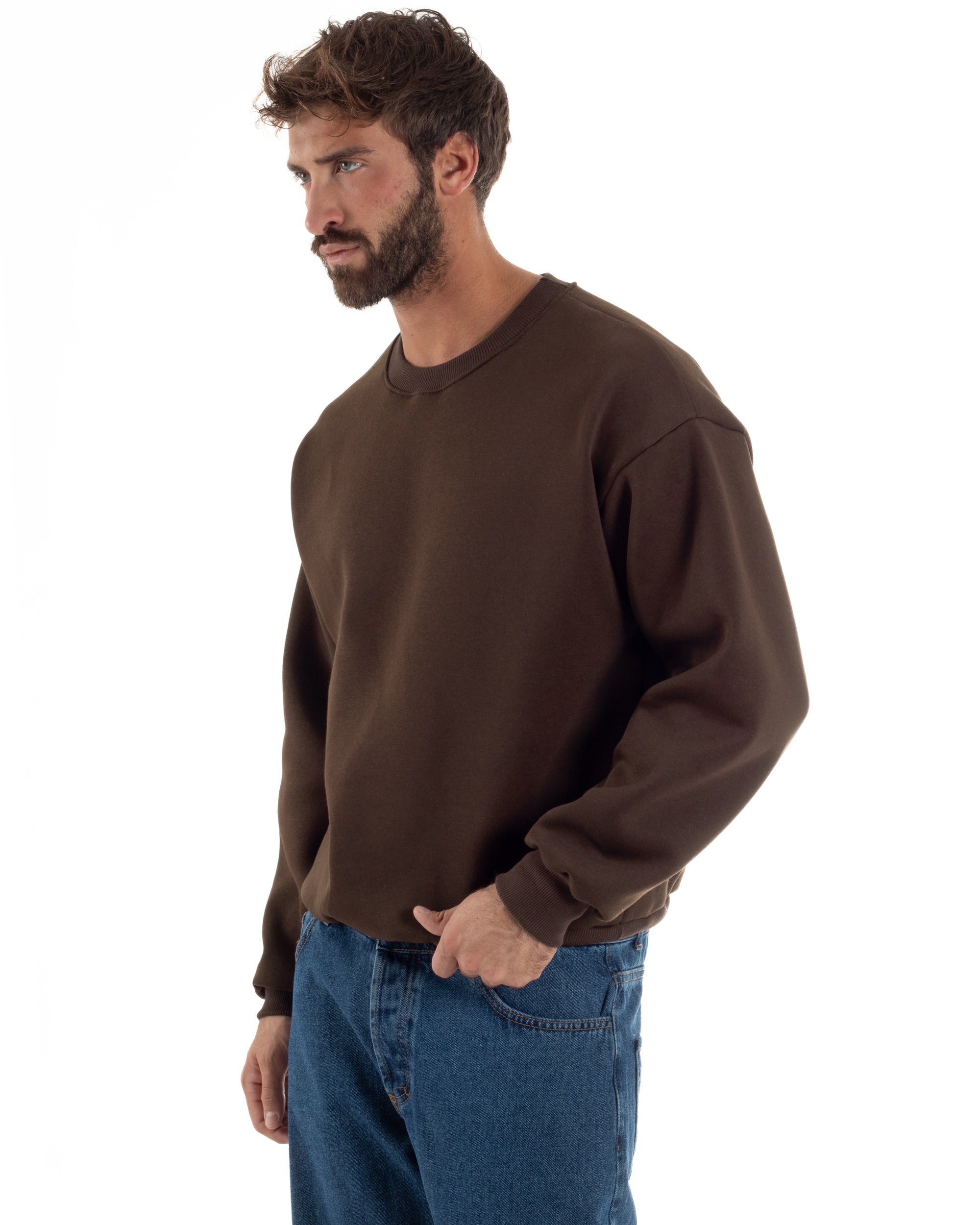 Felpa Girocollo Hoodie Boxy Fit Basic Felpata Marrone F3058A