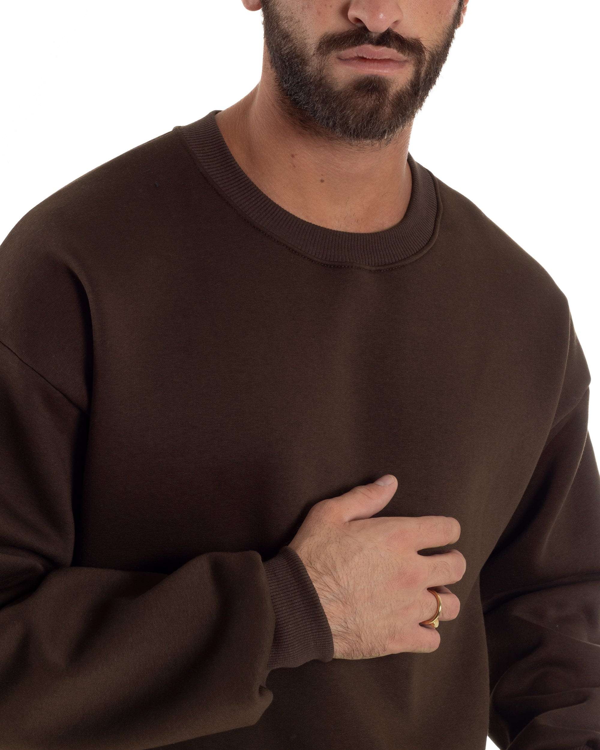 Felpa Girocollo Hoodie Boxy Fit Basic Felpata Marrone F3058A