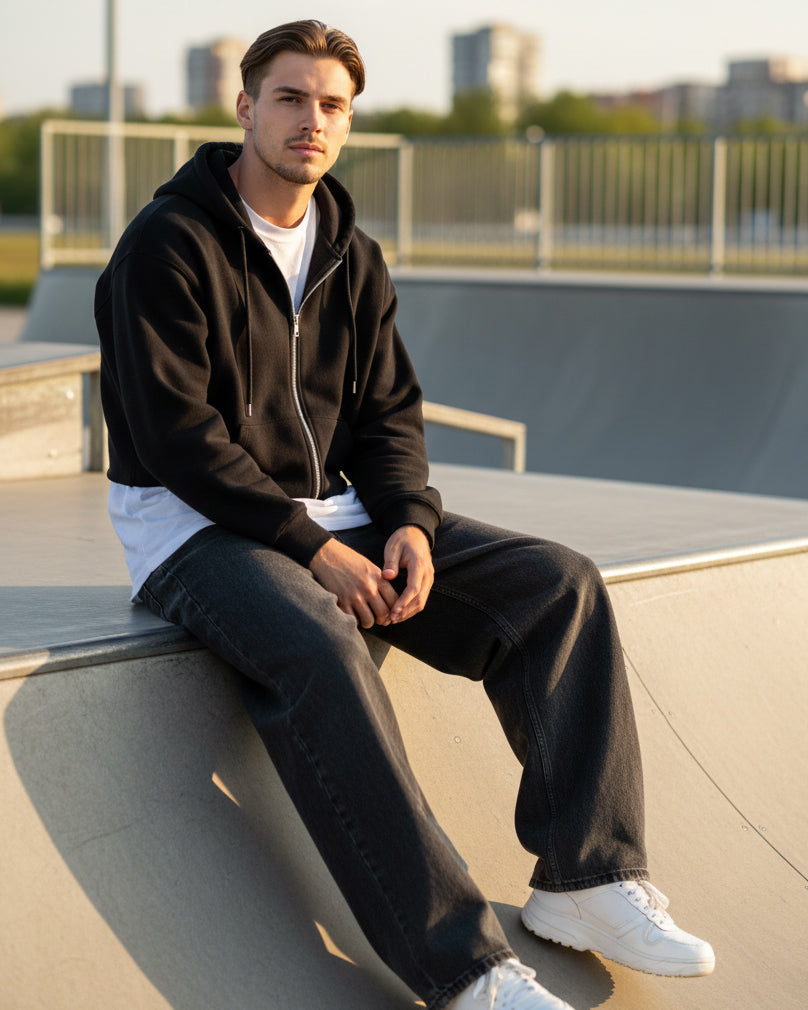 Felpa Boxy Fit Cappuccio E Zip Basic Felpata Nero F3061A