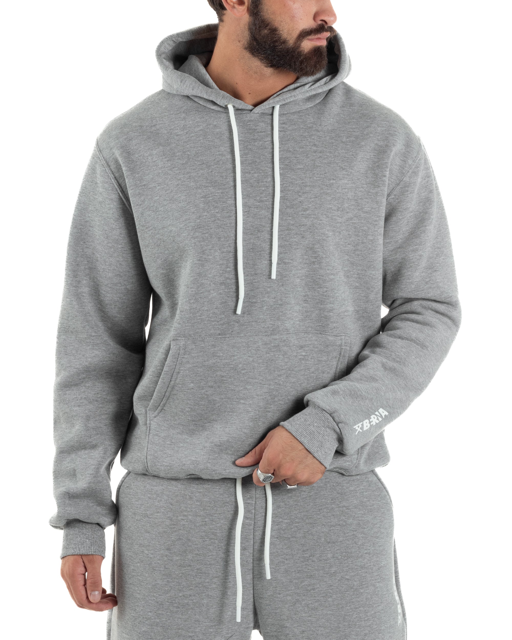Felpa Uomo Hoodie Con Cappuccio Logo Felpata Comoda Grigio Berna M-252019