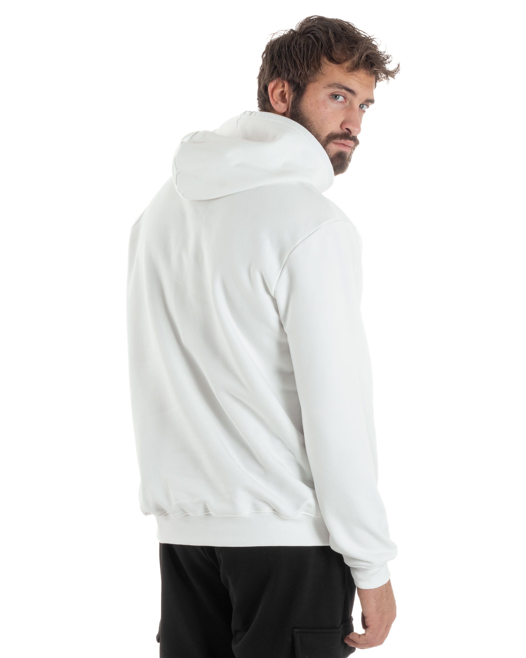 Felpa Uomo Cappuccio Stampa Scritta Casual Regular Fit Basic Bianco ICON ICUF2W6F003