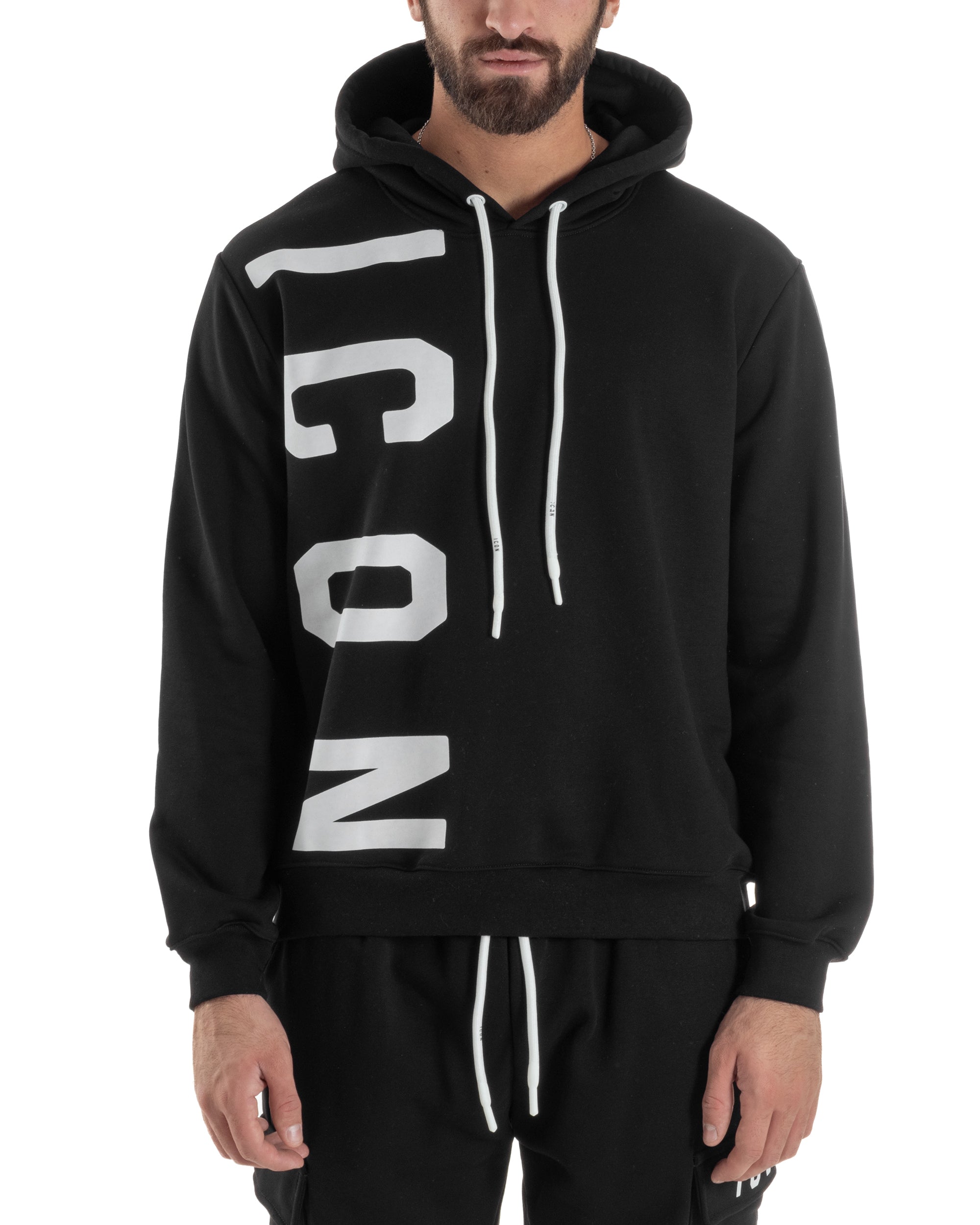 Felpa Uomo Cappuccio Stampa Scritta Casual Regular Fit Basic Nero ICON ICUF2W6F003