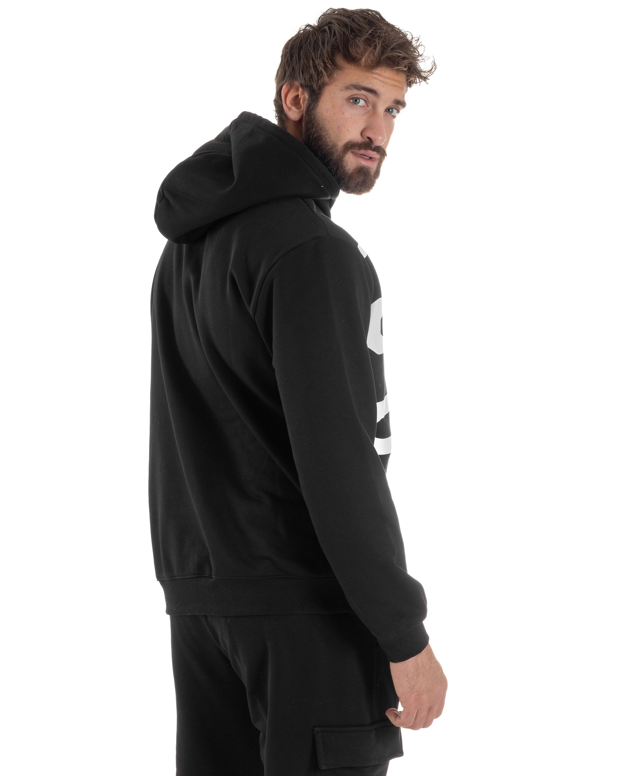 Felpa Uomo Cappuccio Stampa Scritta Casual Regular Fit Basic Nero ICON ICUF2W6F003