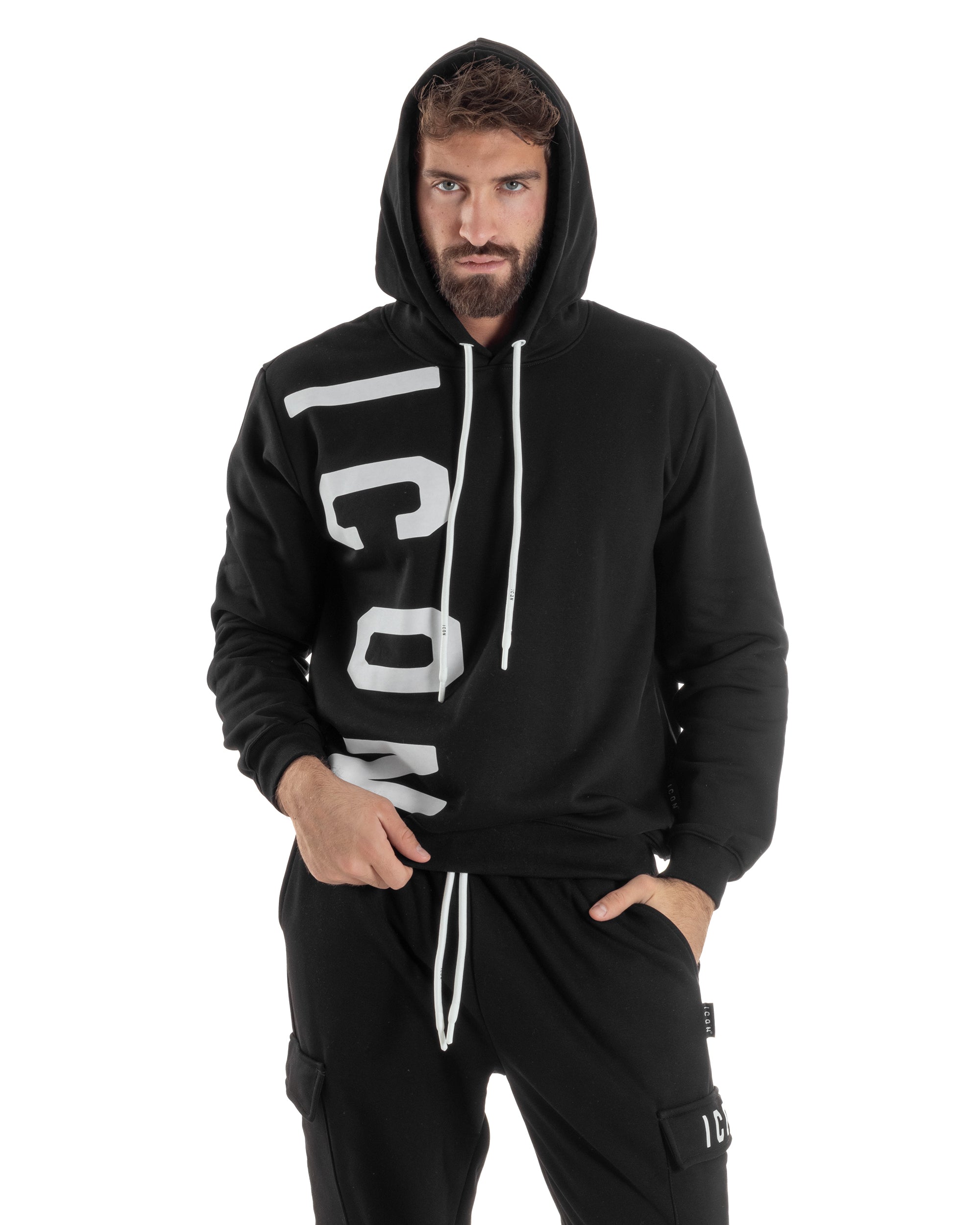 Felpa Uomo Cappuccio Stampa Scritta Casual Regular Fit Basic Nero ICON ICUF2W6F003