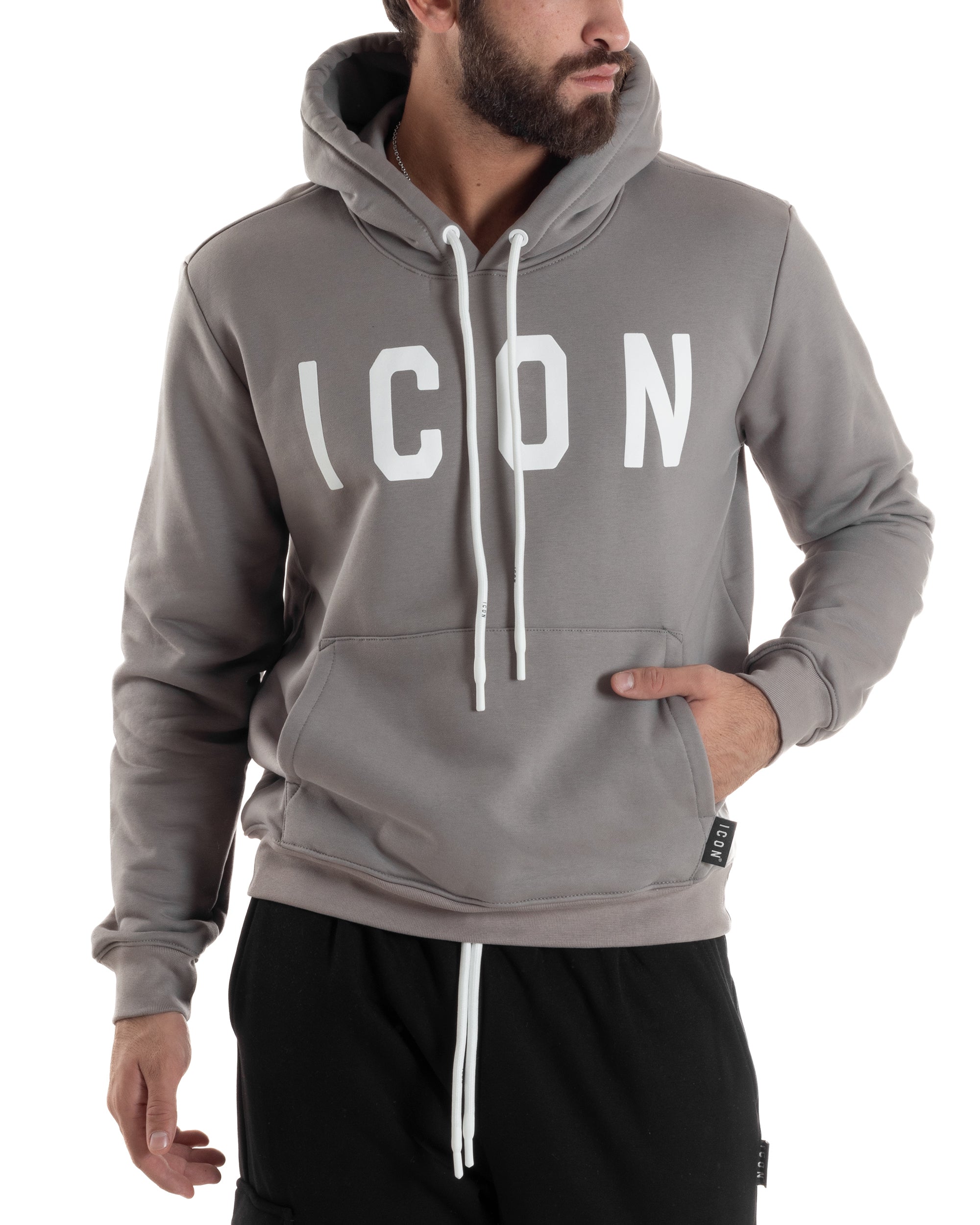 Felpa Uomo Cappuccio Marsupio Stampa Regular Fit Basic Grigio ICON ICUF2W6F005