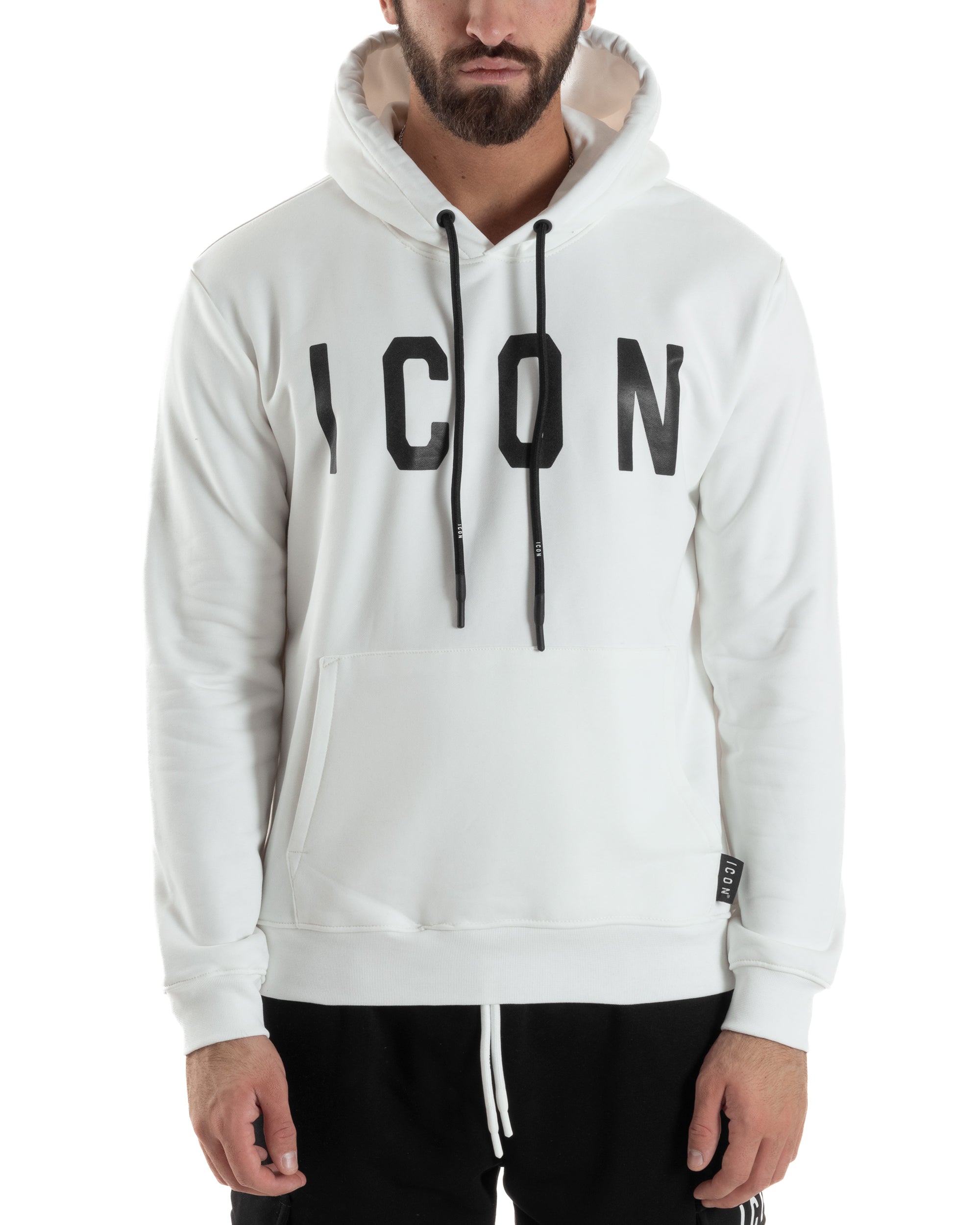 Felpa Uomo Cappuccio Marsupio Stampa Regular Fit Basic Bianco ICON ICUF2W6F005
