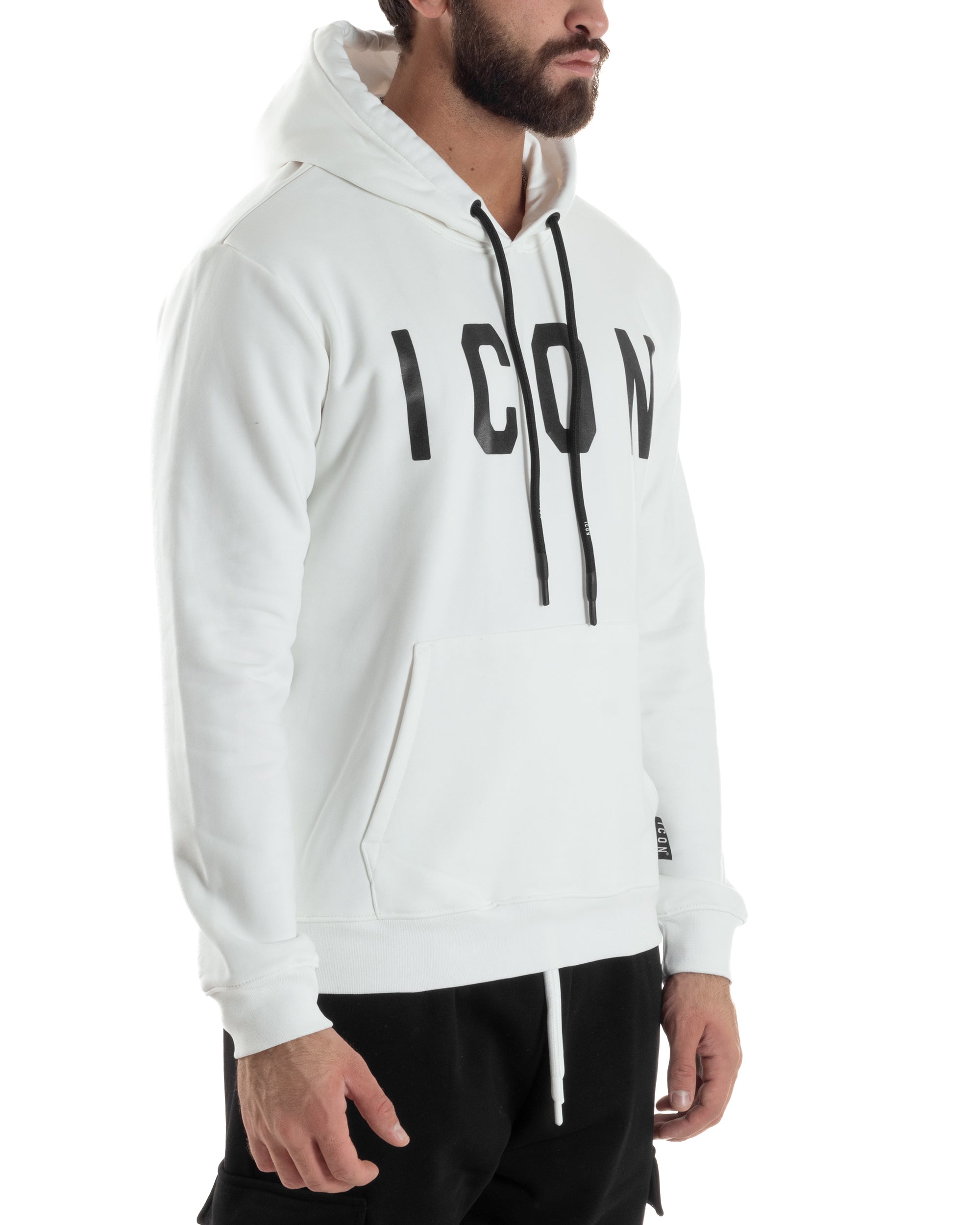 Felpa Uomo Cappuccio Marsupio Stampa Regular Fit Basic Bianco ICON ICUF2W6F005