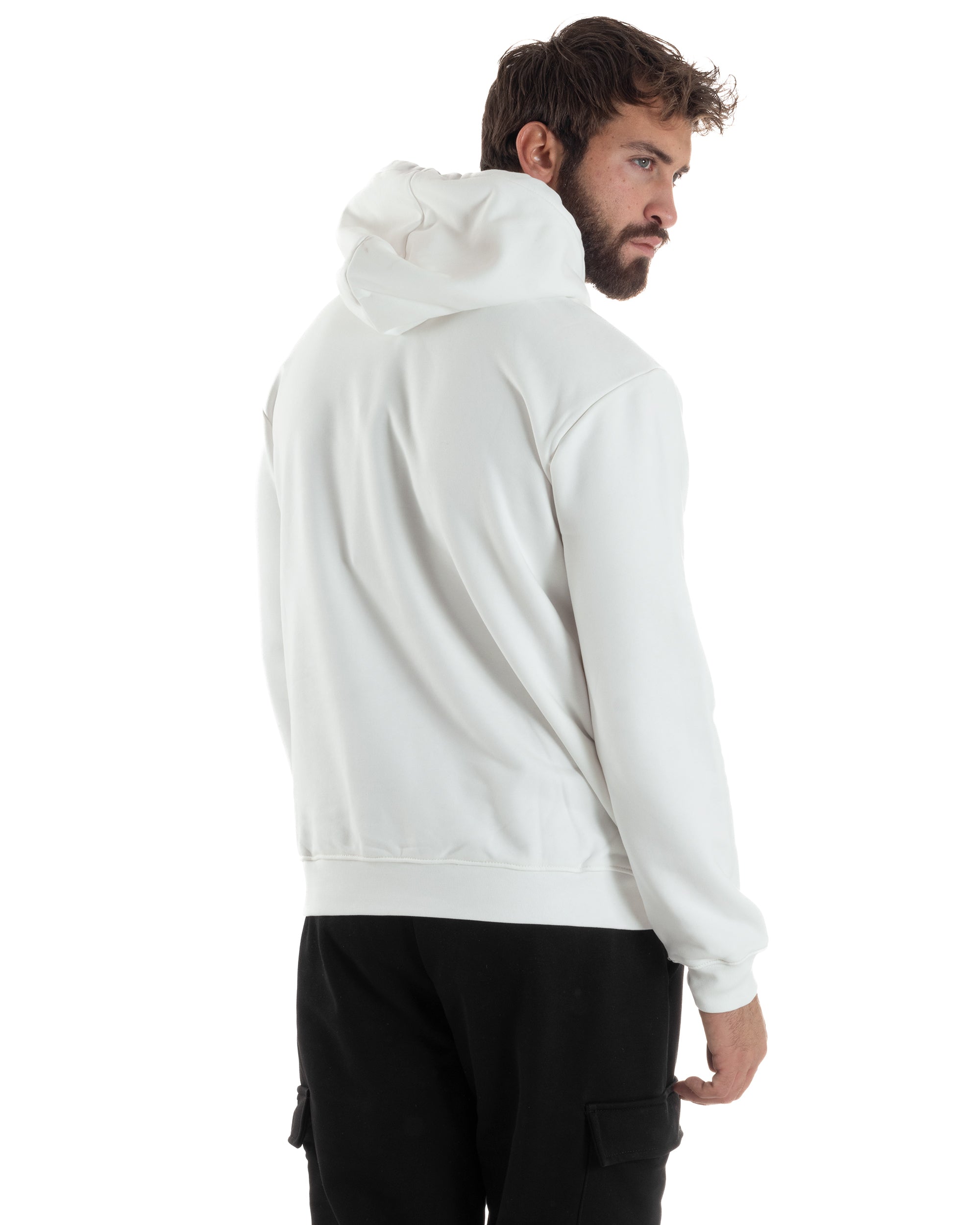 Felpa Uomo Cappuccio Marsupio Stampa Regular Fit Basic Bianco ICON ICUF2W6F005