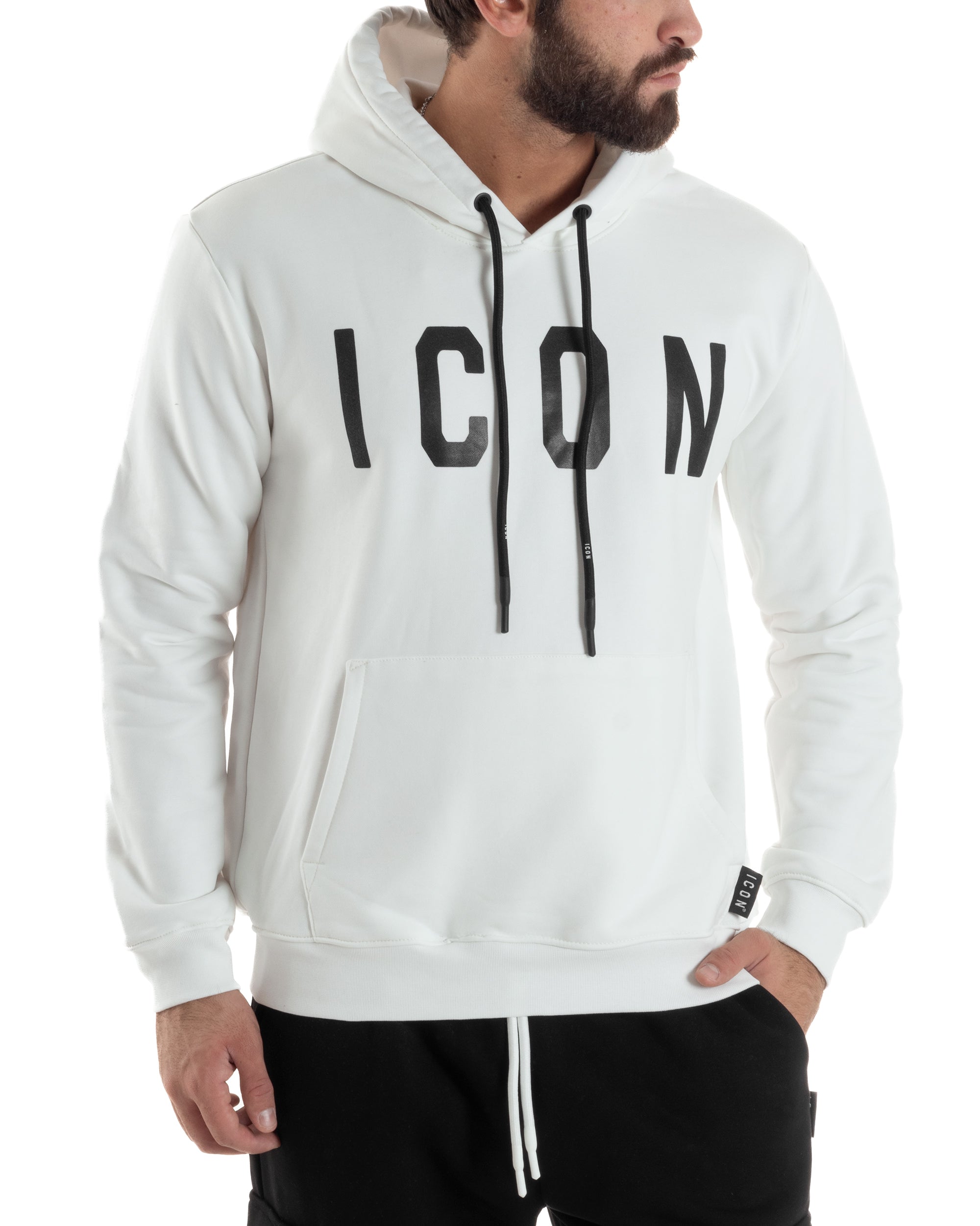 Felpa Uomo Cappuccio Marsupio Stampa Regular Fit Basic Bianco ICON ICUF2W6F005