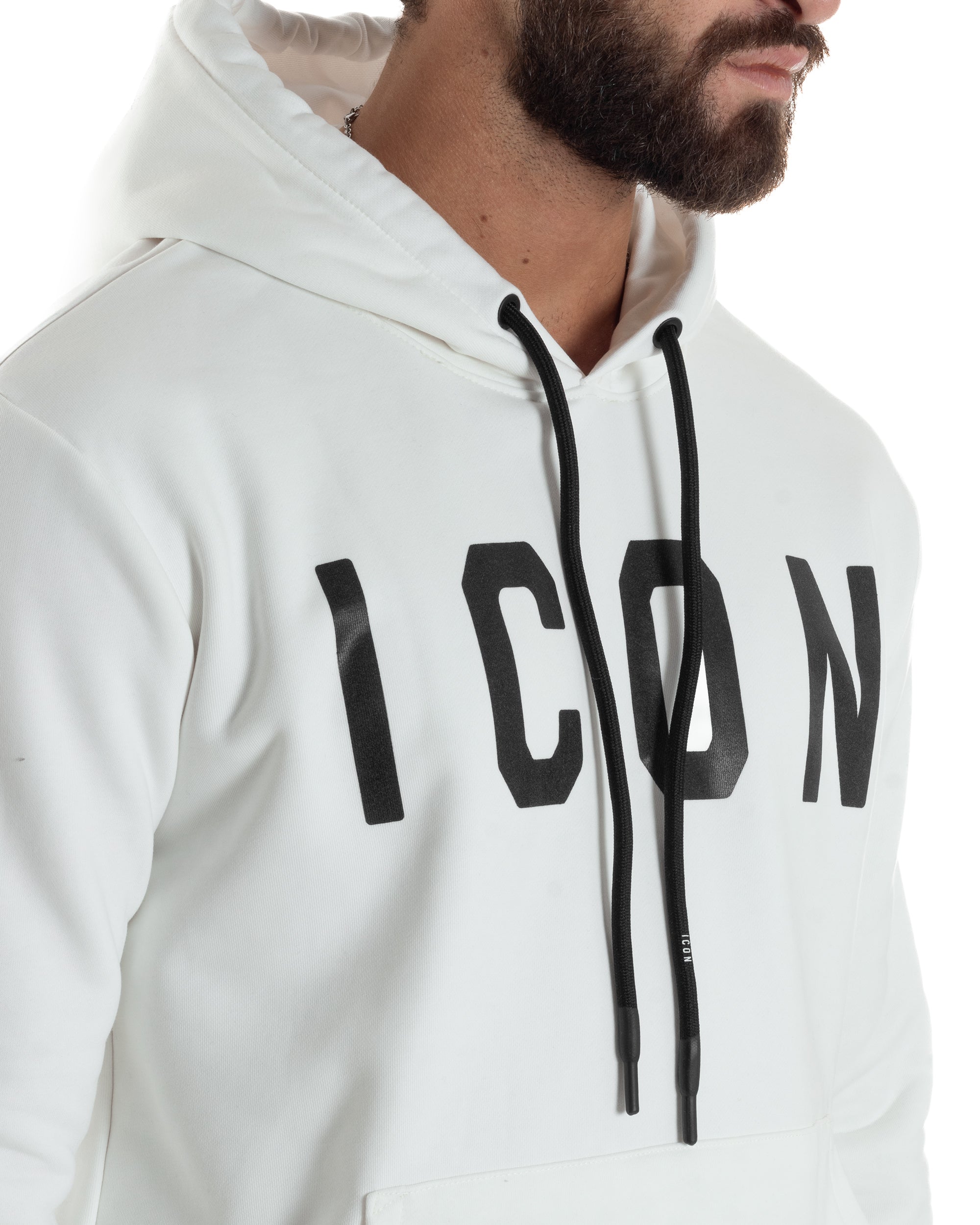 Felpa Uomo Cappuccio Marsupio Stampa Regular Fit Basic Bianco ICON ICUF2W6F005