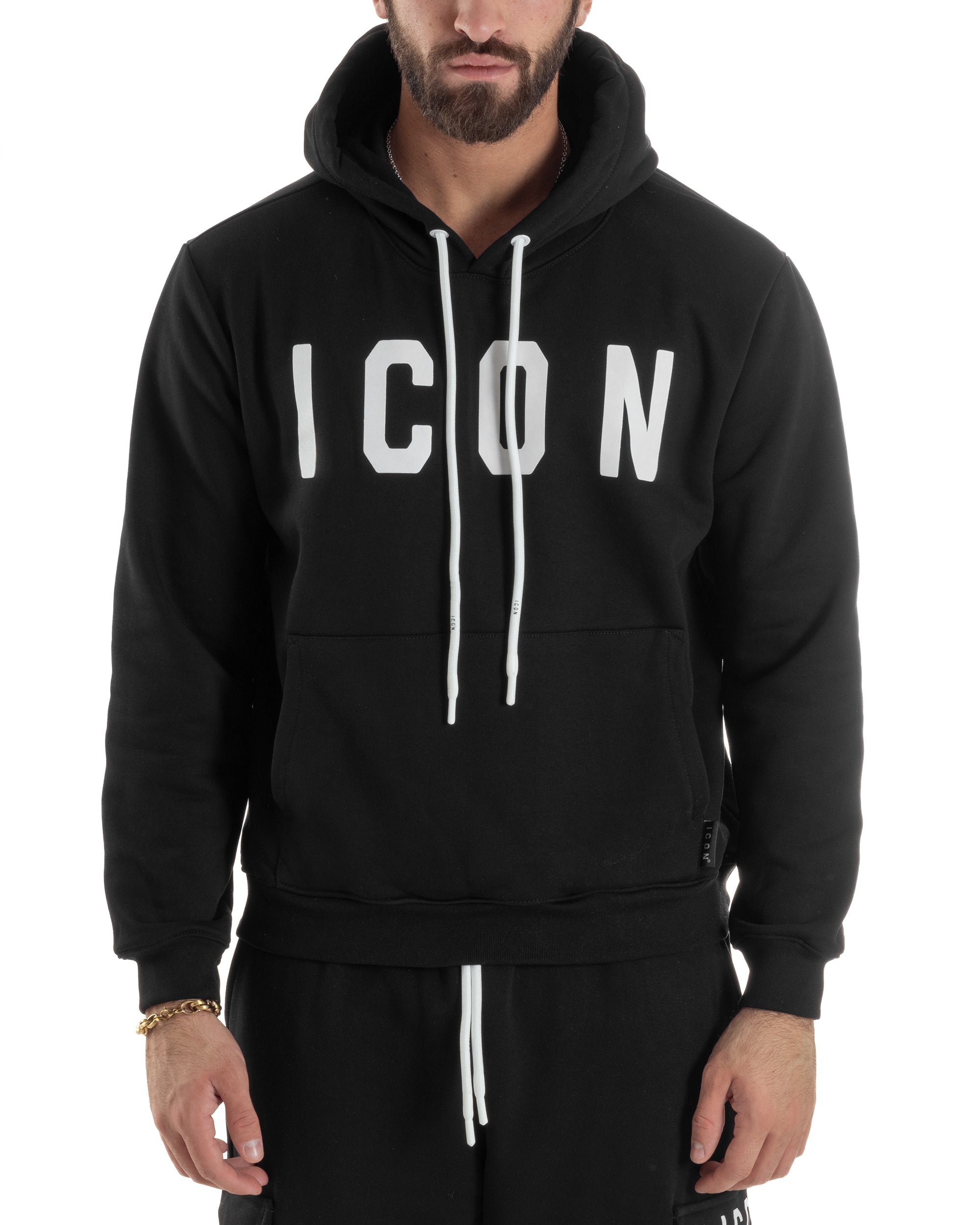 Felpa Uomo Cappuccio Marsupio Stampa Regular Fit Basic Nero ICON ICUF2W6F005