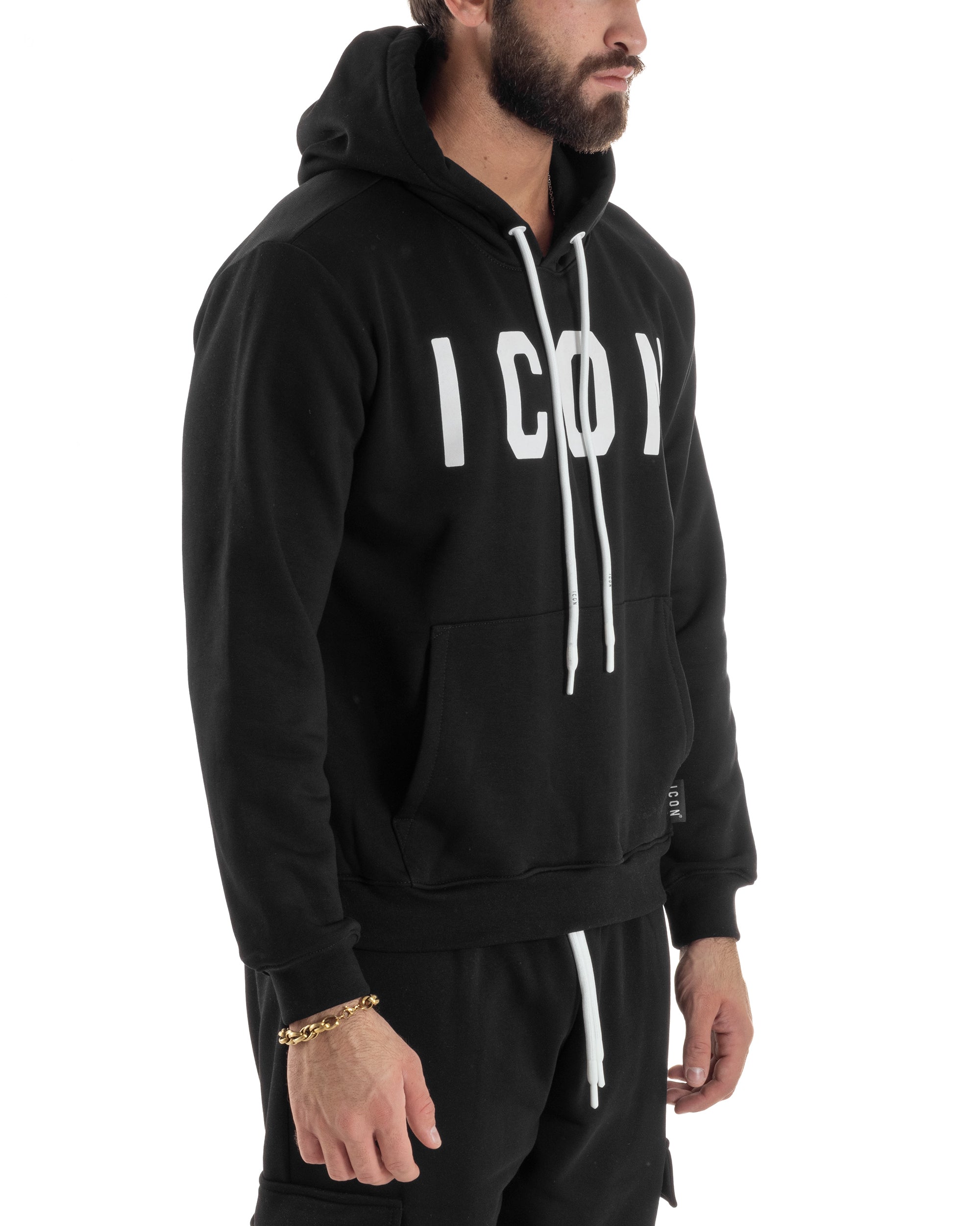 Felpa Uomo Cappuccio Marsupio Stampa Regular Fit Basic Nero ICON ICUF2W6F005