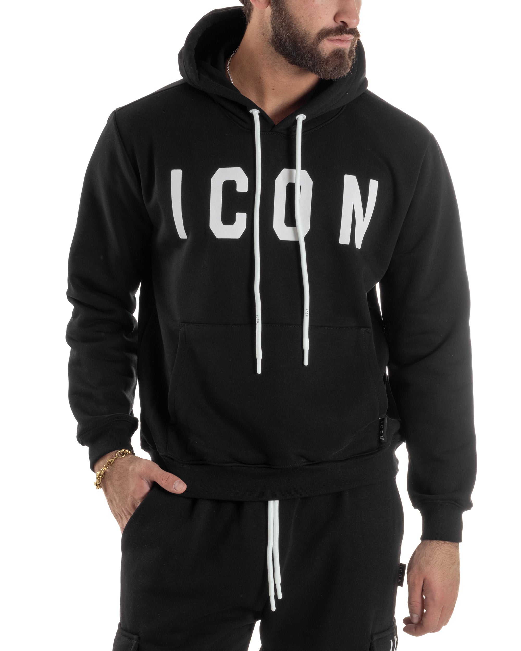 Felpa Uomo Cappuccio Marsupio Stampa Regular Fit Basic Nero ICON ICUF2W6F005