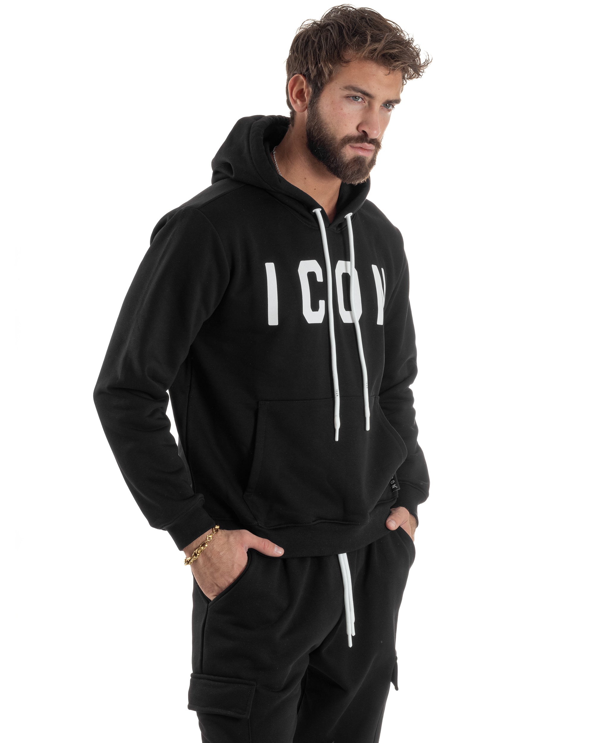 Felpa Uomo Cappuccio Marsupio Stampa Regular Fit Basic Nero ICON ICUF2W6F005