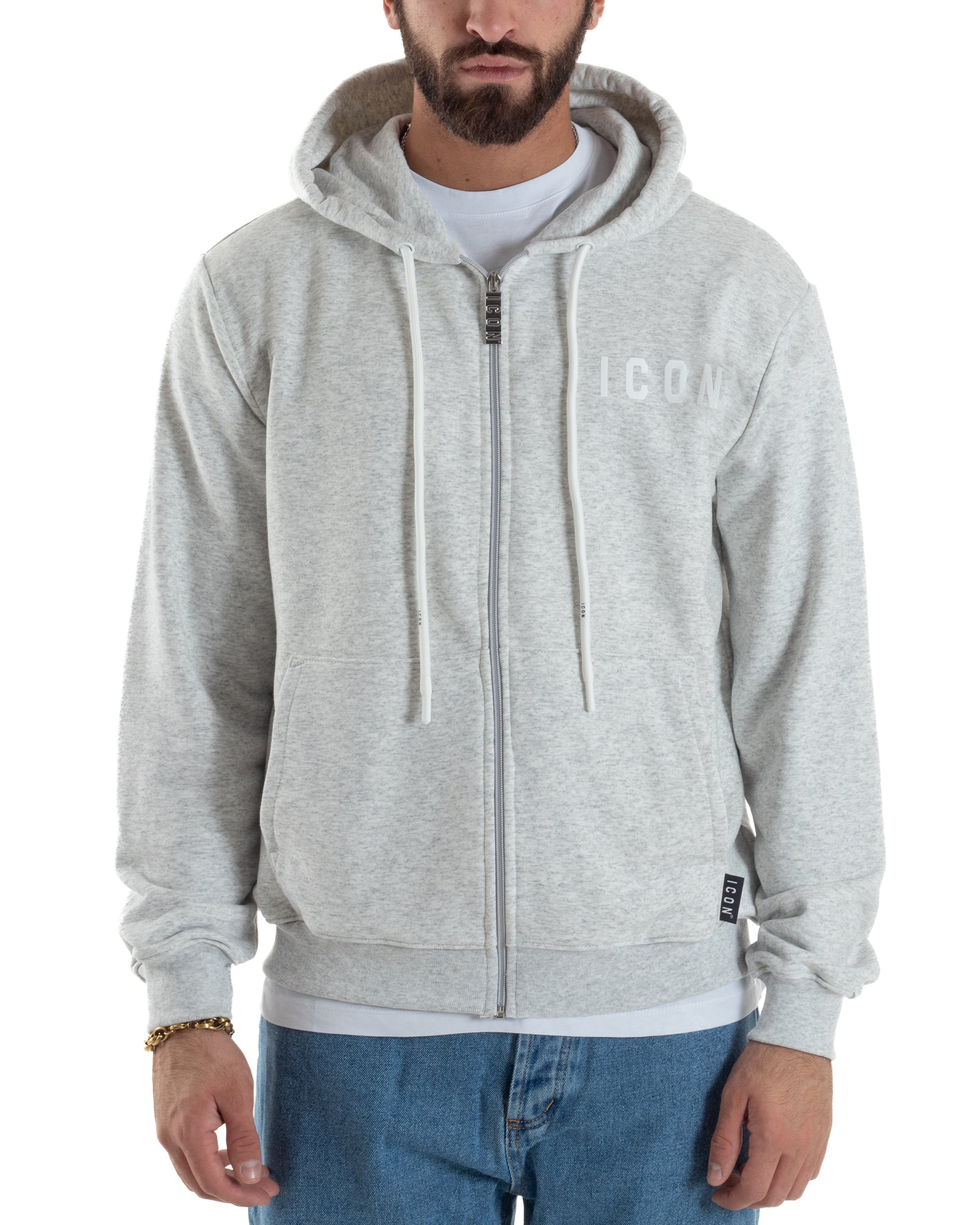 Felpa Uomo Cappuccio Zip Marsupio Stampa Regular Fit Basic Grigio Chiaro ICON ICUF2W6F007