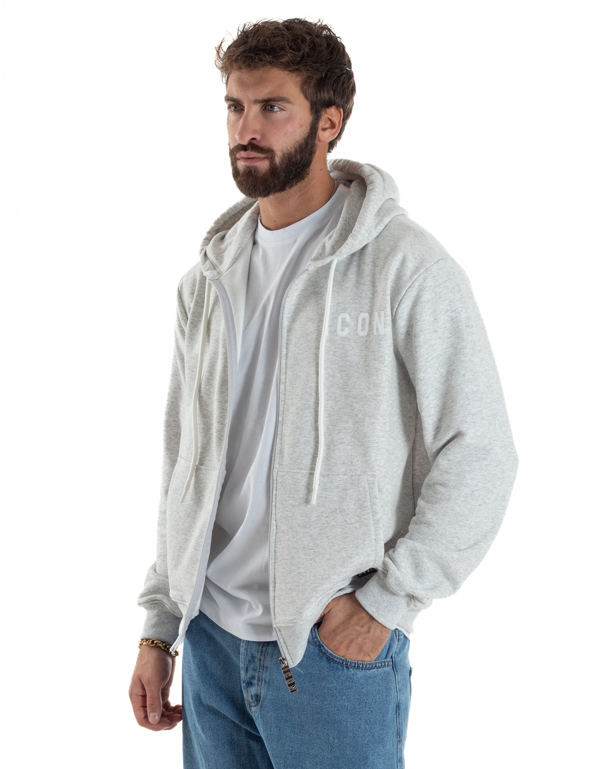 Felpa Uomo Cappuccio Zip Marsupio Stampa Regular Fit Basic Grigio Chiaro ICON ICUF2W6F007