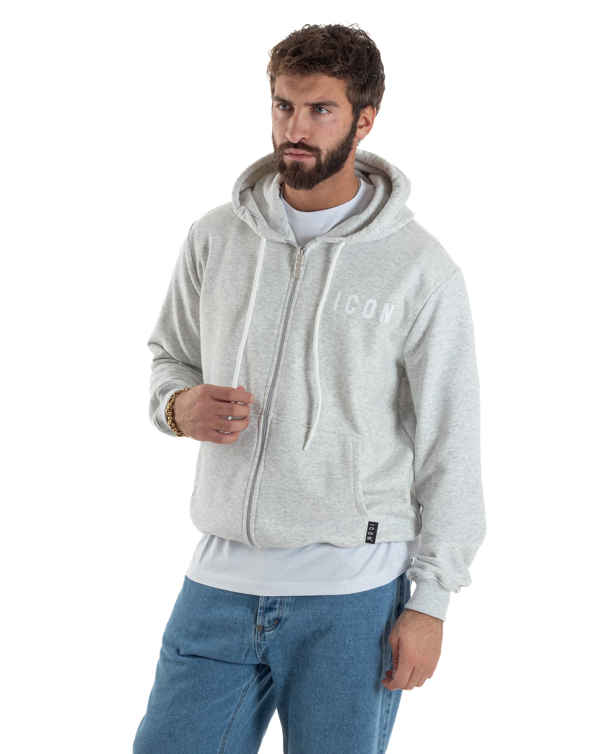 Felpa Uomo Cappuccio Zip Marsupio Stampa Regular Fit Basic Grigio Chiaro ICON ICUF2W6F007