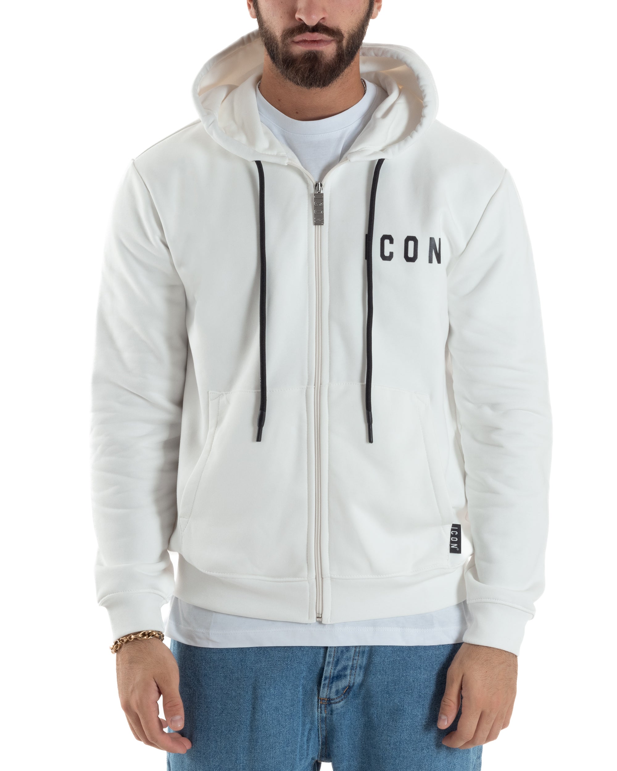 Felpa Uomo Cappuccio Zip Marsupio Stampa Regular Fit Basic Bianco ICON ICUF2W6F007