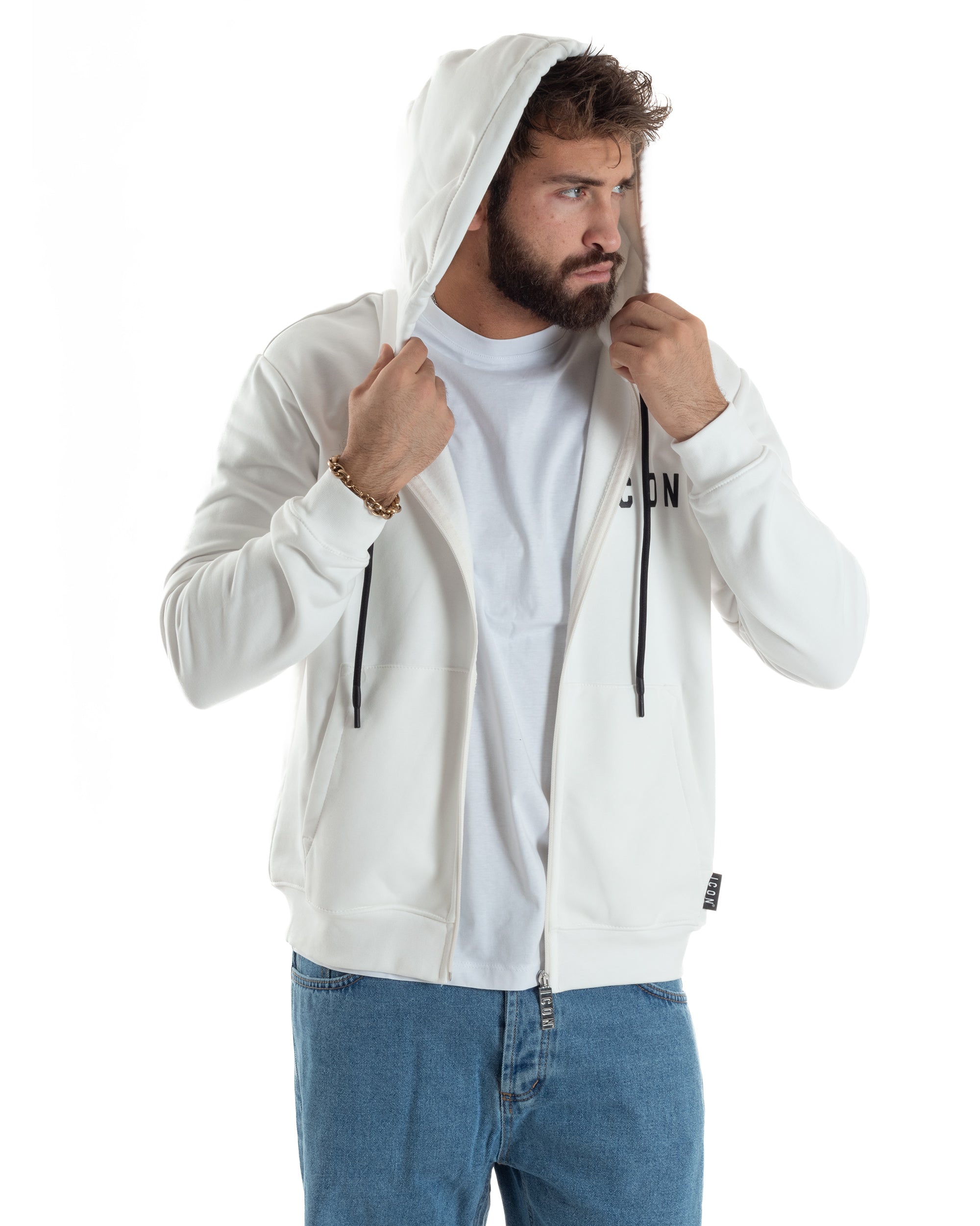 Felpa Uomo Cappuccio Zip Marsupio Stampa Regular Fit Basic Bianco ICON ICUF2W6F007