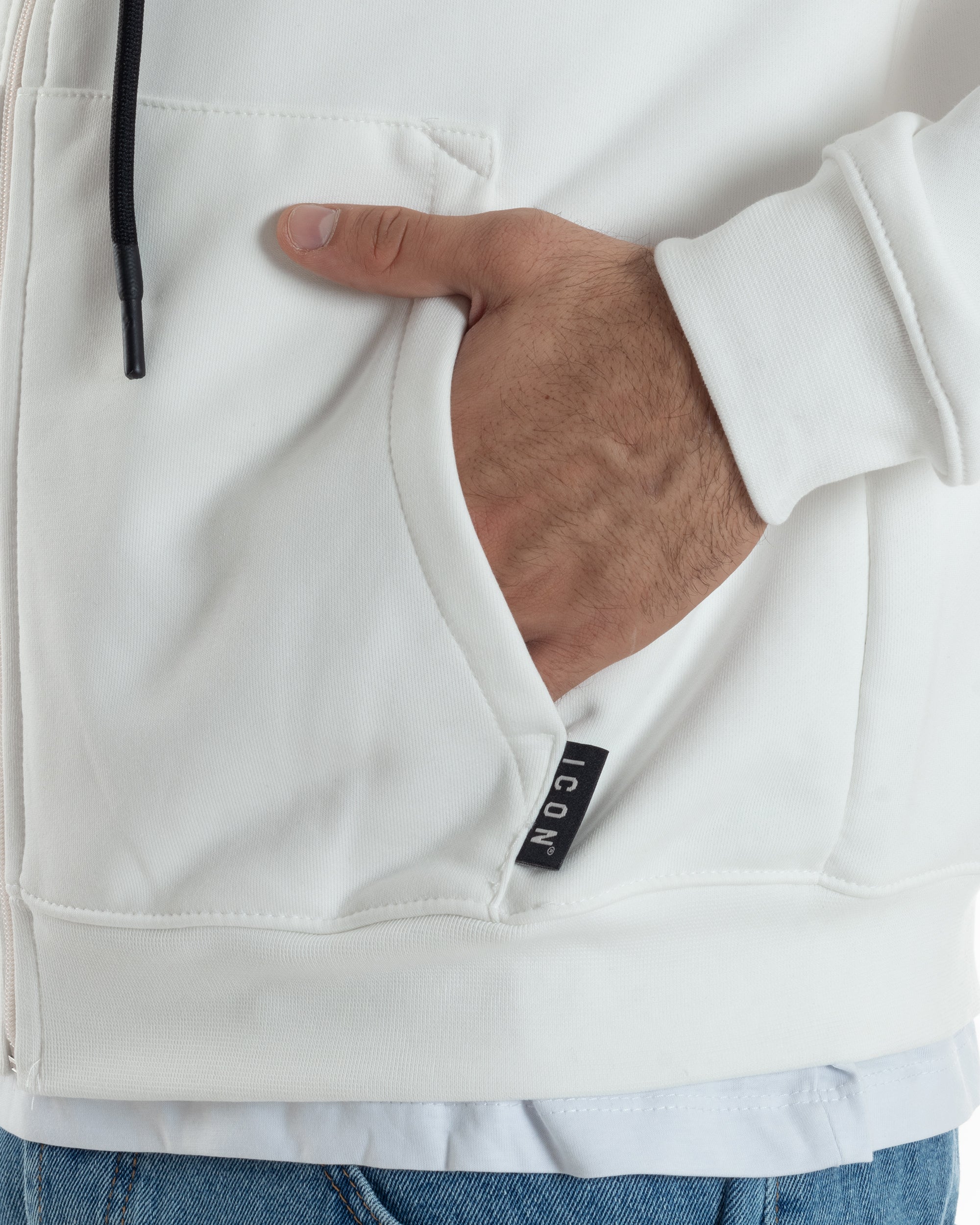Felpa Uomo Cappuccio Zip Marsupio Stampa Regular Fit Basic Bianco ICON ICUF2W6F007