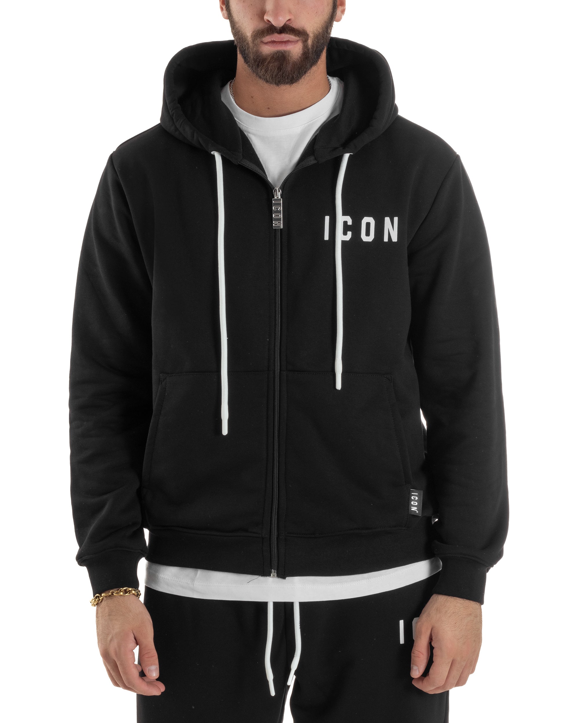 Felpa Uomo Cappuccio Zip Marsupio Stampa Regular Fit Basic Nero ICON ICUF2W6F007