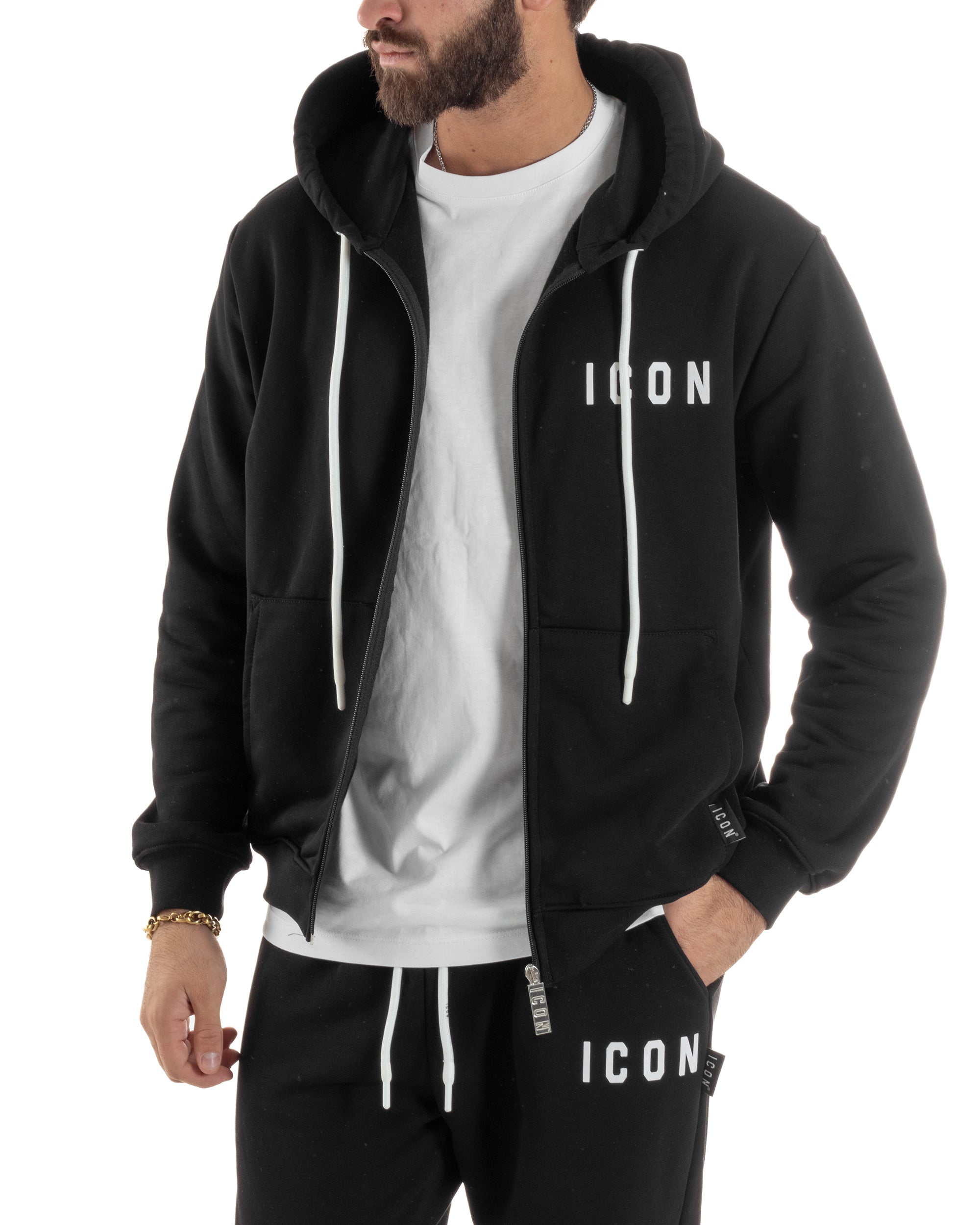Felpa Uomo Cappuccio Zip Marsupio Stampa Regular Fit Basic Nero ICON ICUF2W6F007