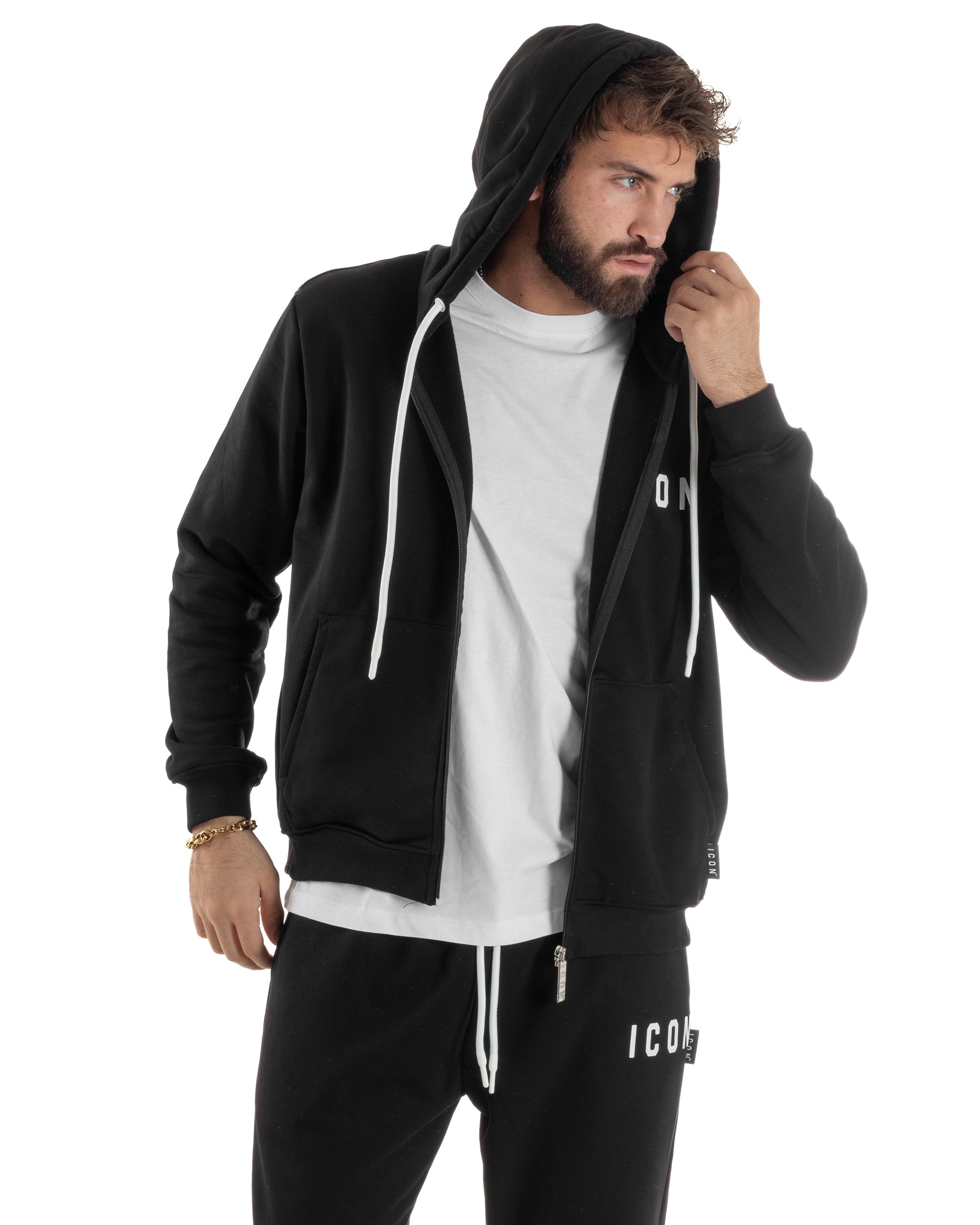 Felpa Uomo Cappuccio Zip Marsupio Stampa Regular Fit Basic Nero ICON ICUF2W6F007