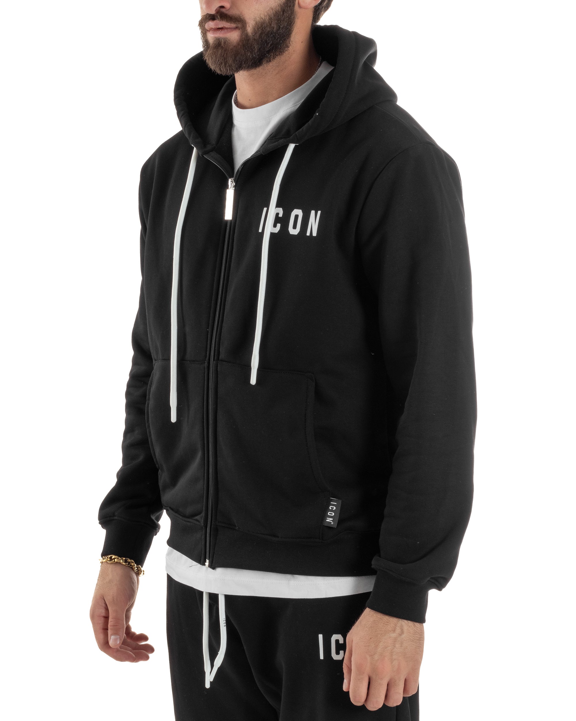 Felpa Uomo Cappuccio Zip Marsupio Stampa Regular Fit Basic Nero ICON ICUF2W6F007