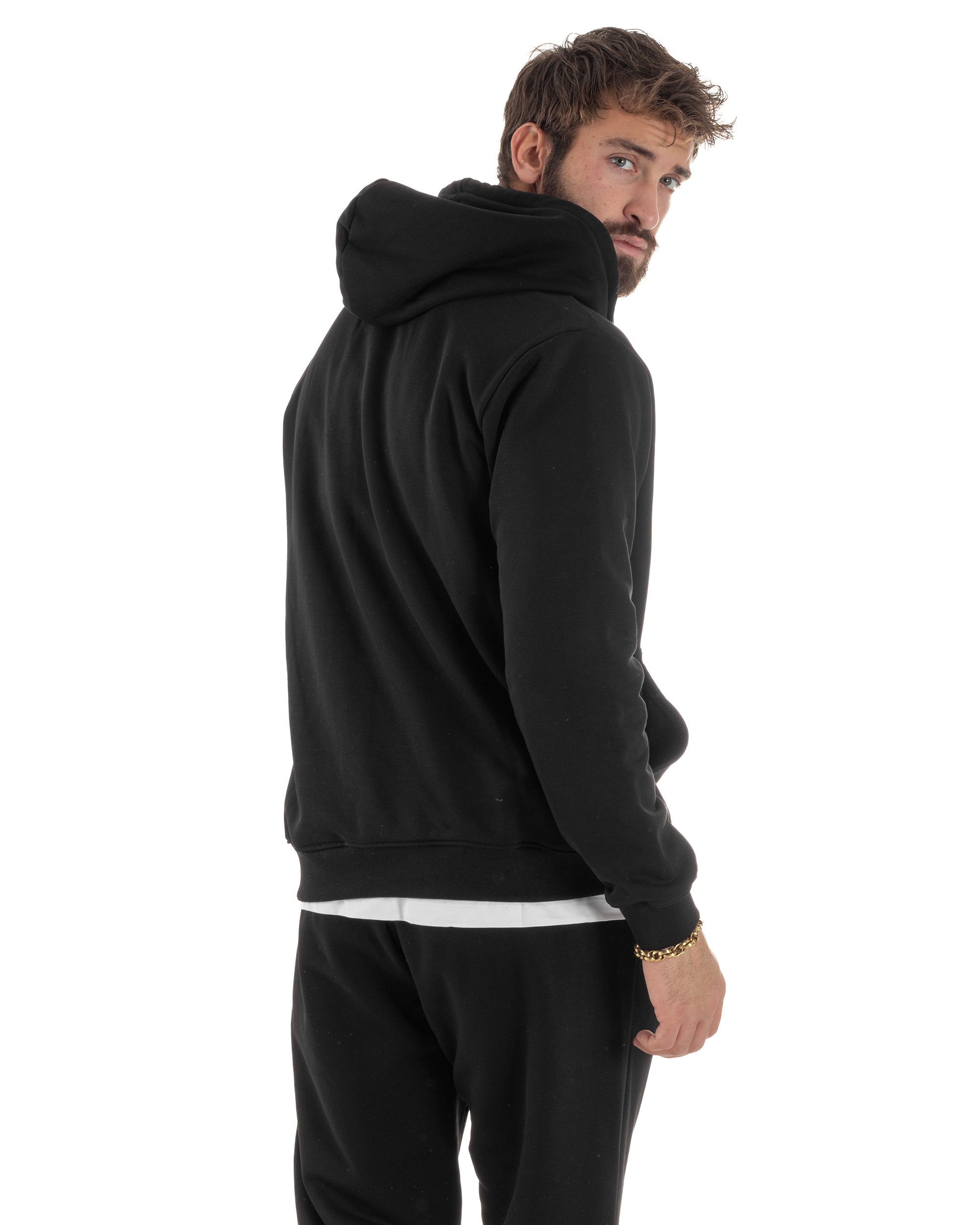 Felpa Uomo Cappuccio Zip Marsupio Stampa Regular Fit Basic Nero ICON ICUF2W6F007