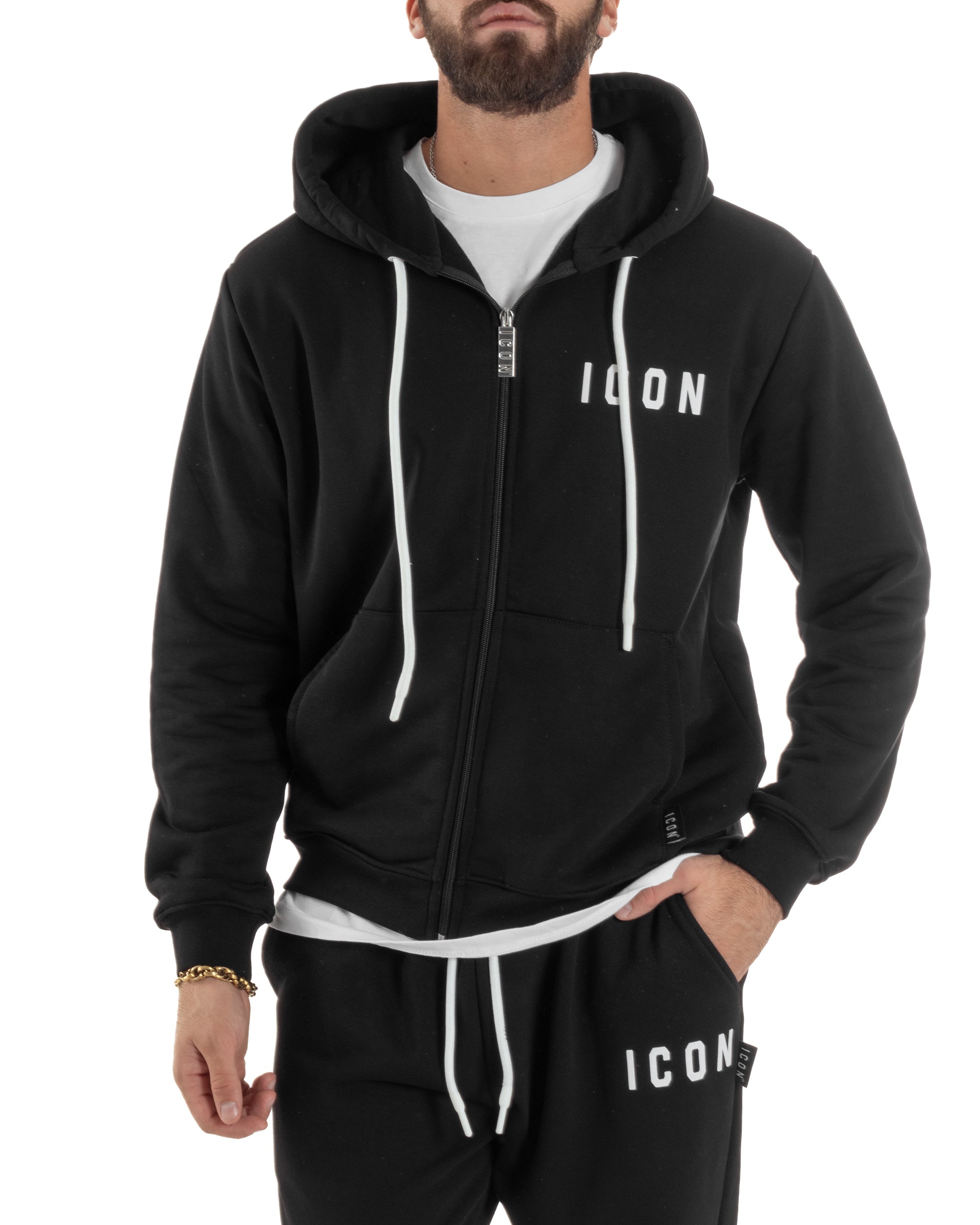 Felpa Uomo Cappuccio Zip Marsupio Stampa Regular Fit Basic Nero ICON ICUF2W6F007