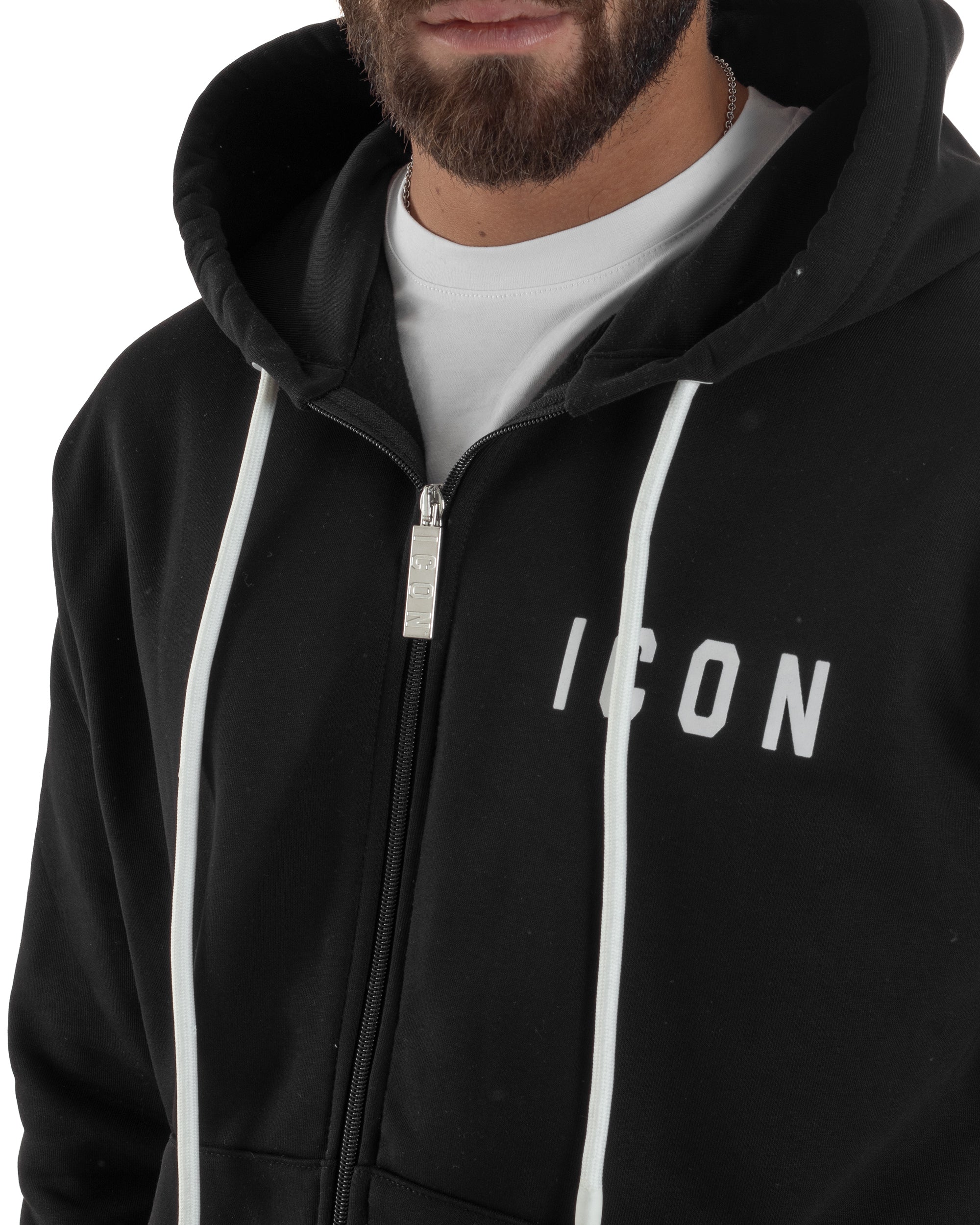 Felpa Uomo Cappuccio Zip Marsupio Stampa Regular Fit Basic Nero ICON ICUF2W6F007