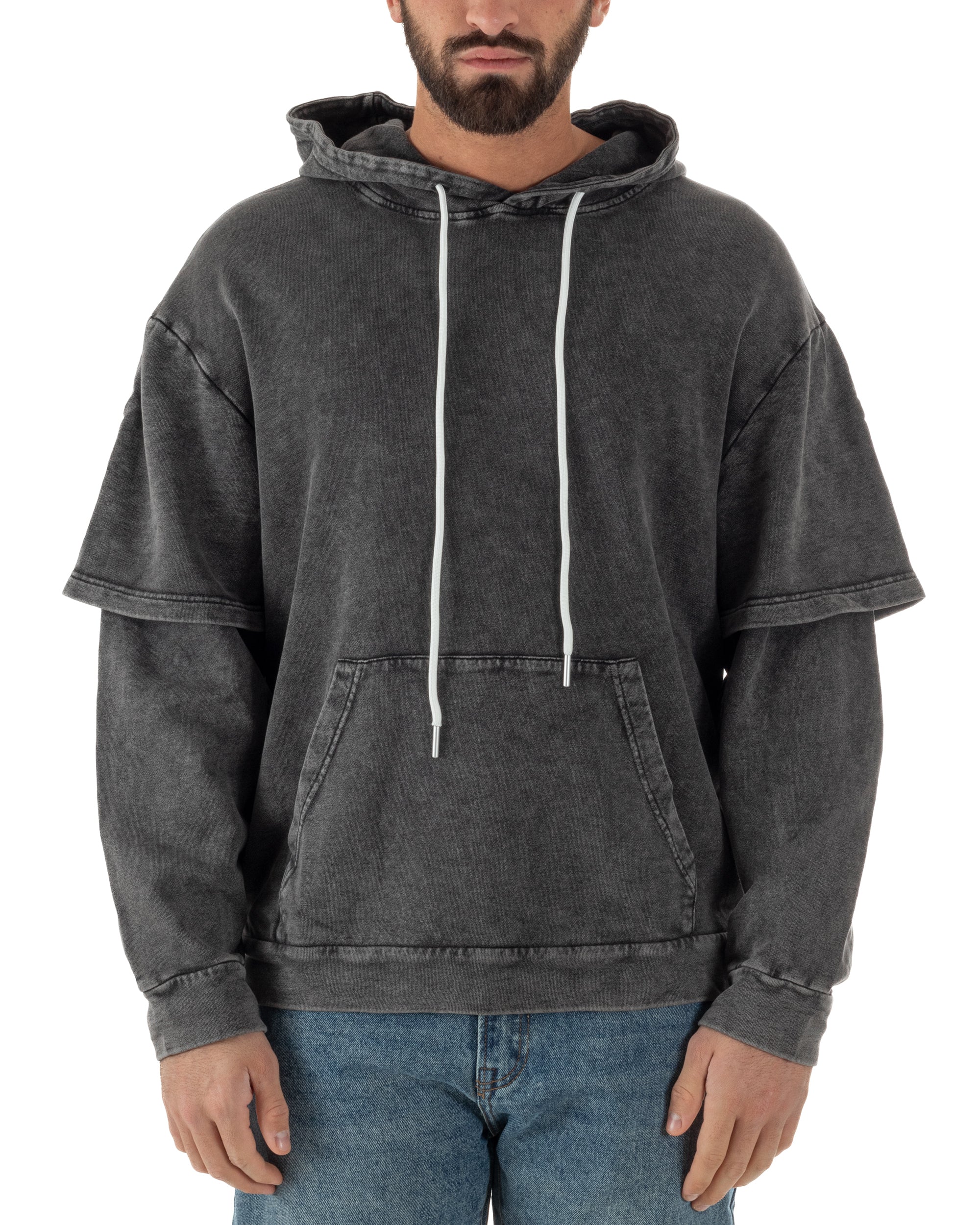 Felpa Uomo Long Sleeve Doppio Strato Slavata Boxy Fit Cappuccio Nero F3076A