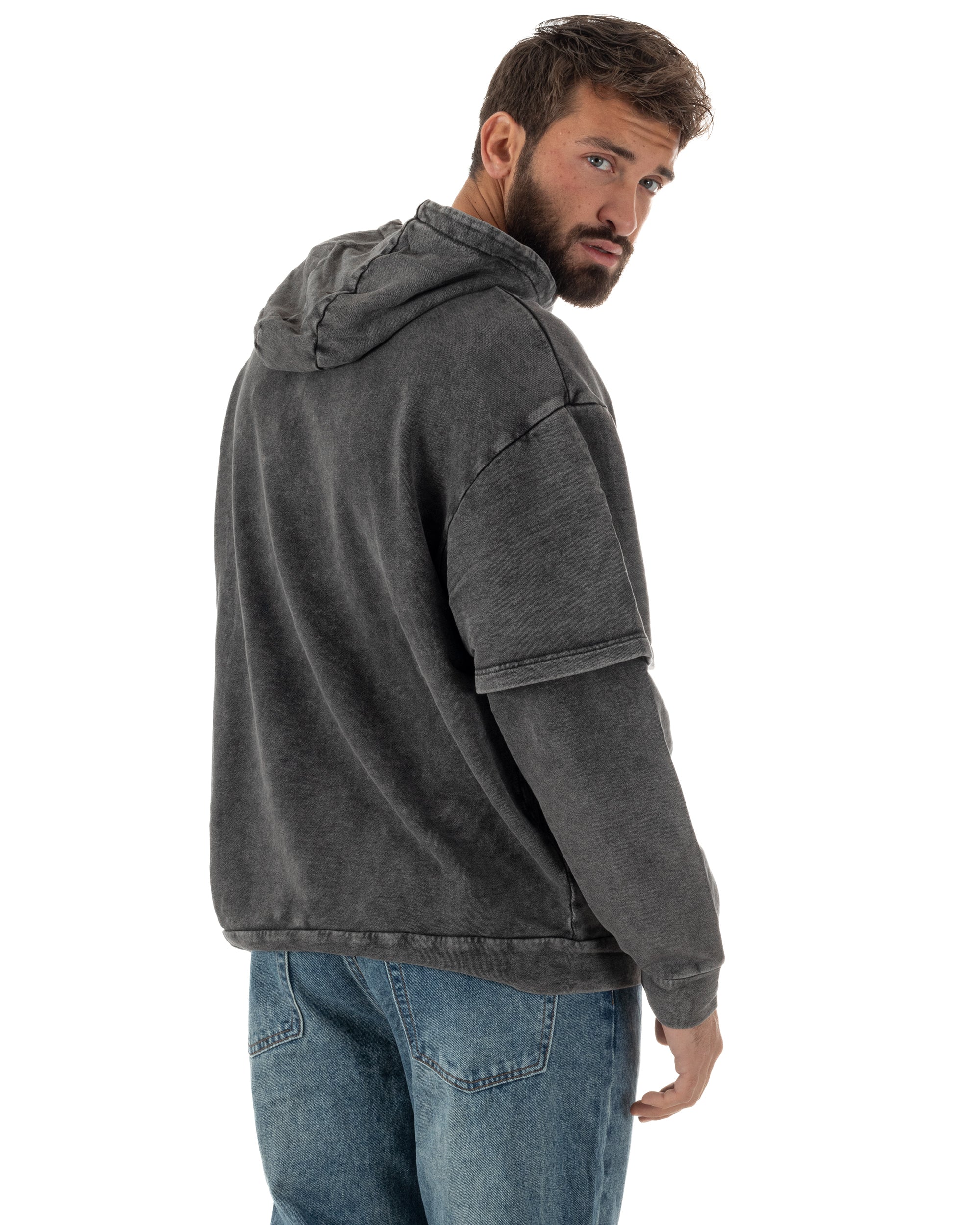 Felpa Uomo Long Sleeve Doppio Strato Slavata Boxy Fit Cappuccio Nero F3076A