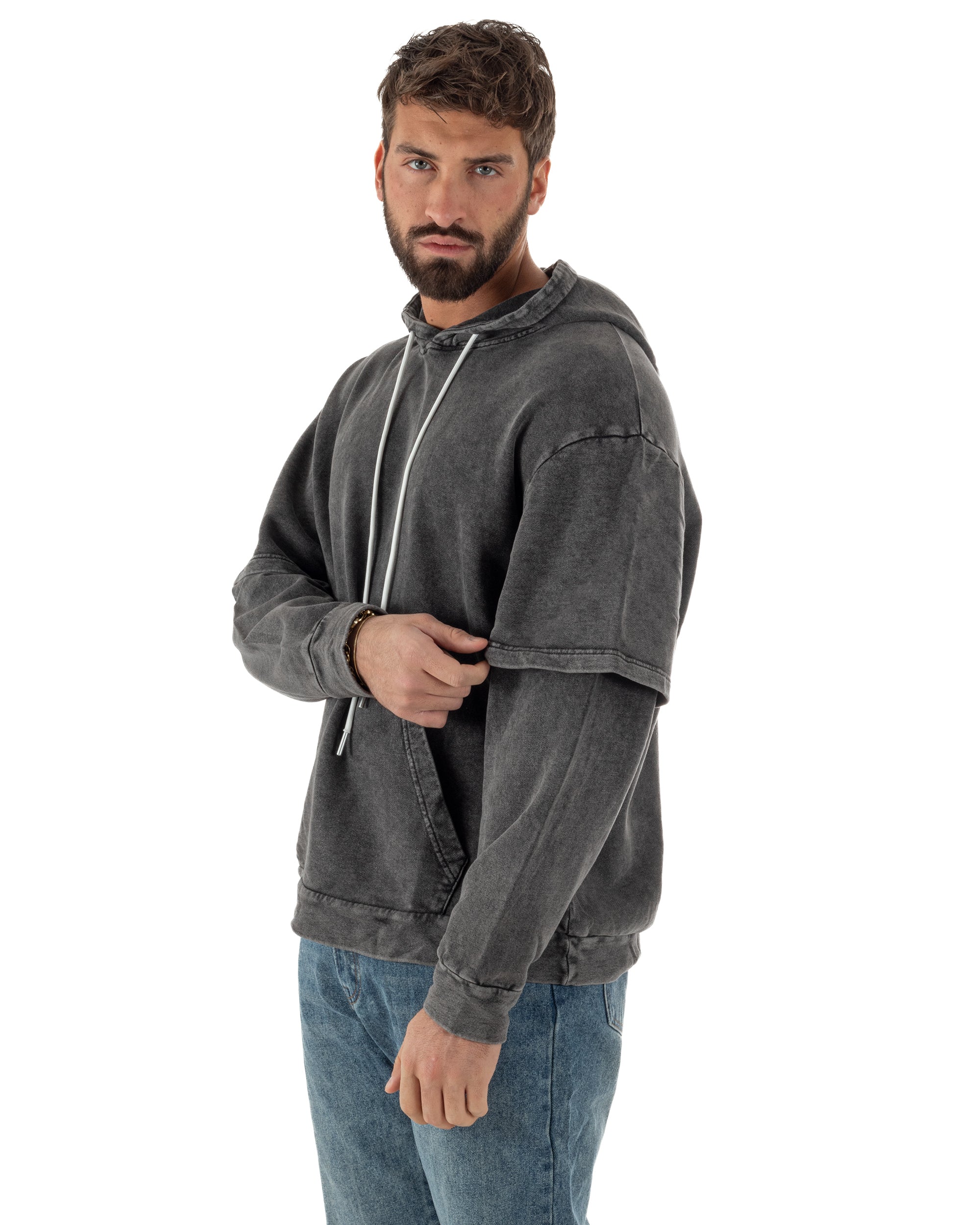 Felpa Uomo Long Sleeve Doppio Strato Slavata Boxy Fit Cappuccio Nero F3076A