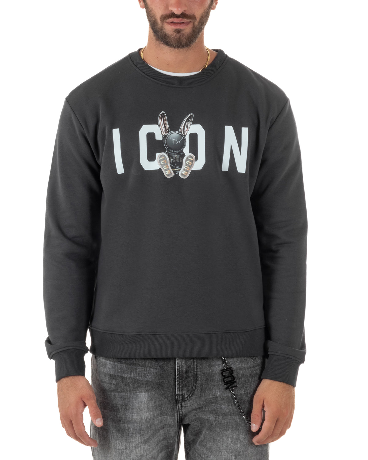 Felpa uomo girocollo maglia stampa logo frontale rabbit piombo ICON IUF044