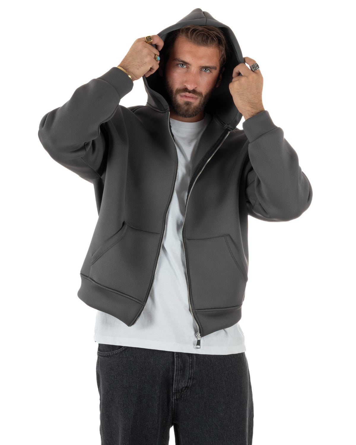 Felpa uomo scuba boxy fit cropped con cappuccio e zip grigio GIOSAL-F3084A