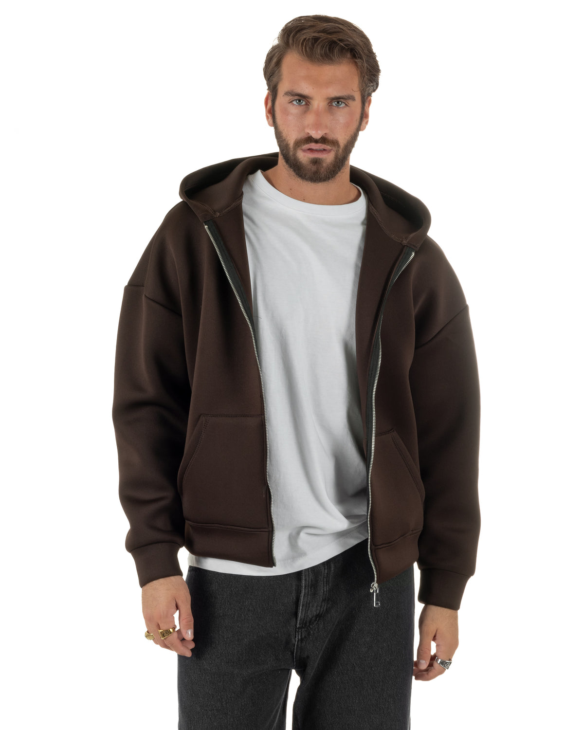 Felpa uomo scuba boxy fit cropped con cappuccio e zip marrone GIOSAL-F3085A