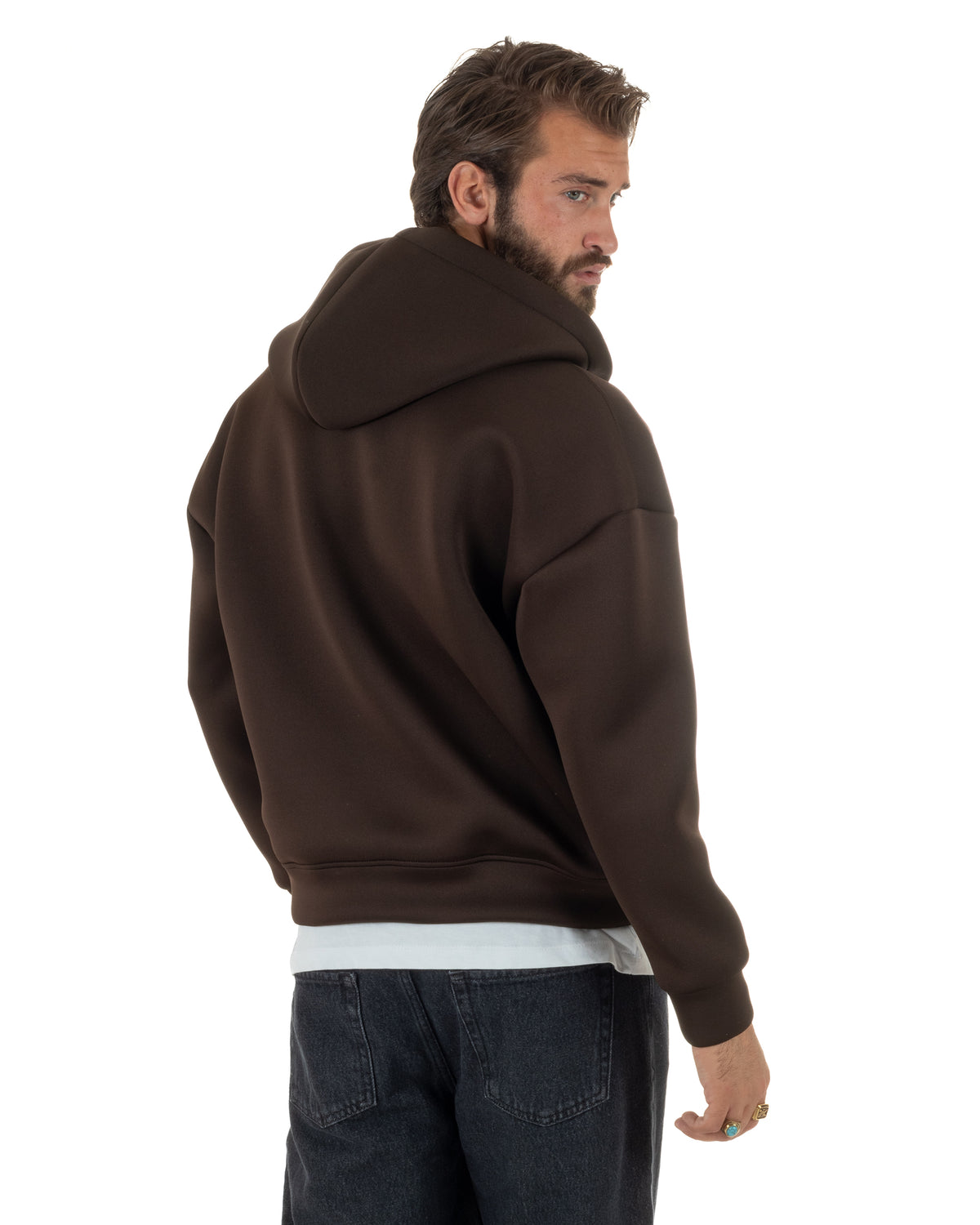 Felpa uomo scuba boxy fit cropped con cappuccio e zip marrone GIOSAL-F3085A