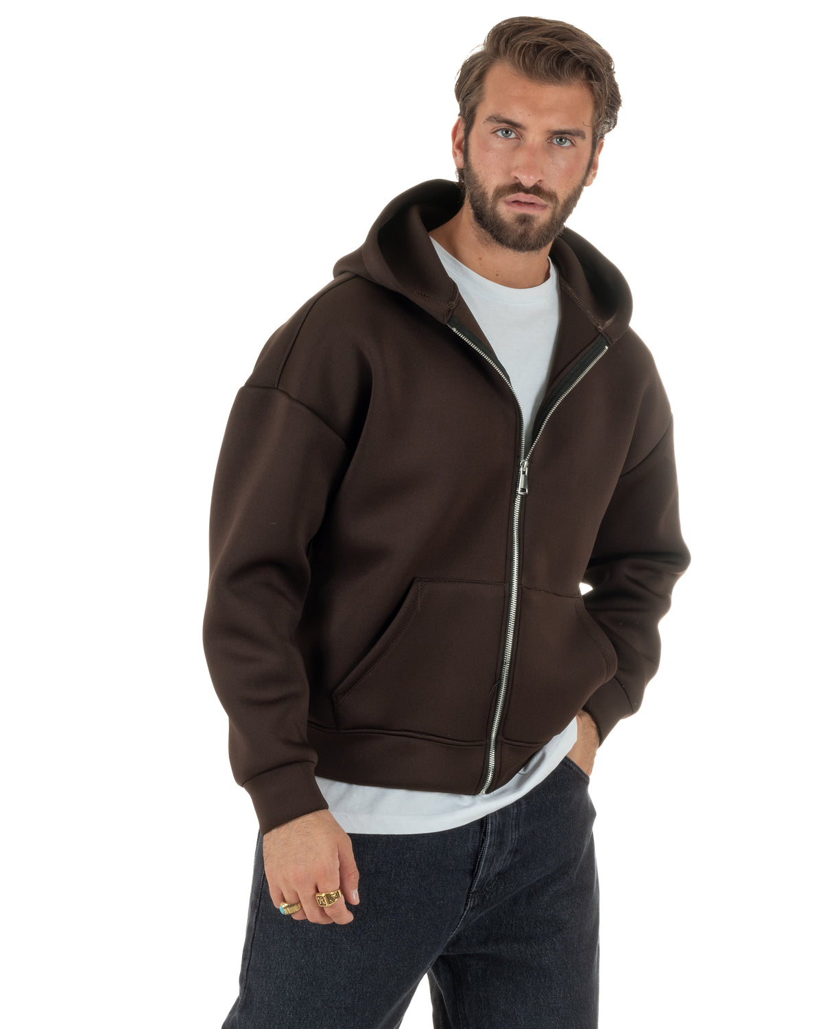 Felpa uomo scuba boxy fit cropped con cappuccio e zip marrone GIOSAL-F3085A