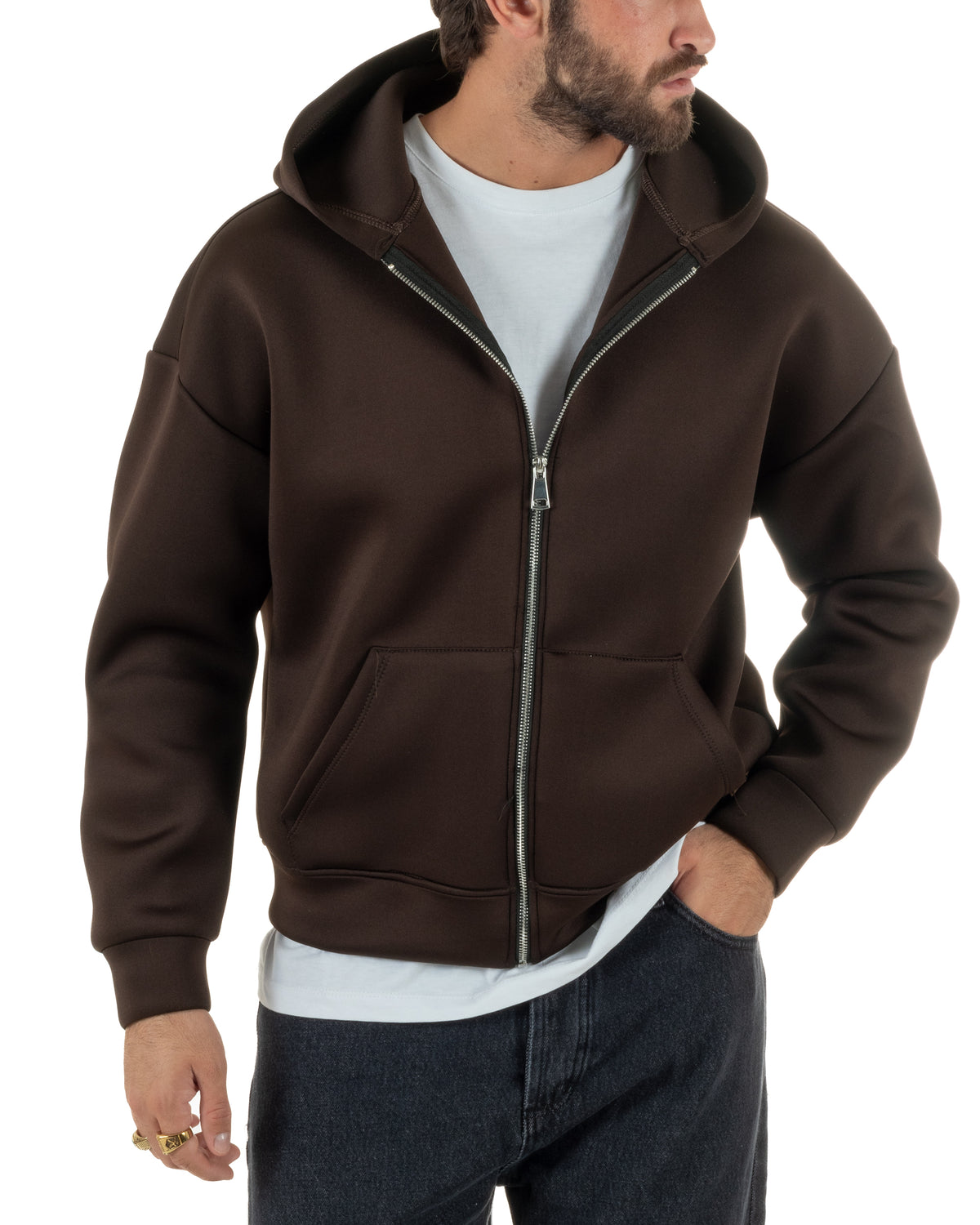 Felpa uomo scuba boxy fit cropped con cappuccio e zip marrone GIOSAL-F3085A