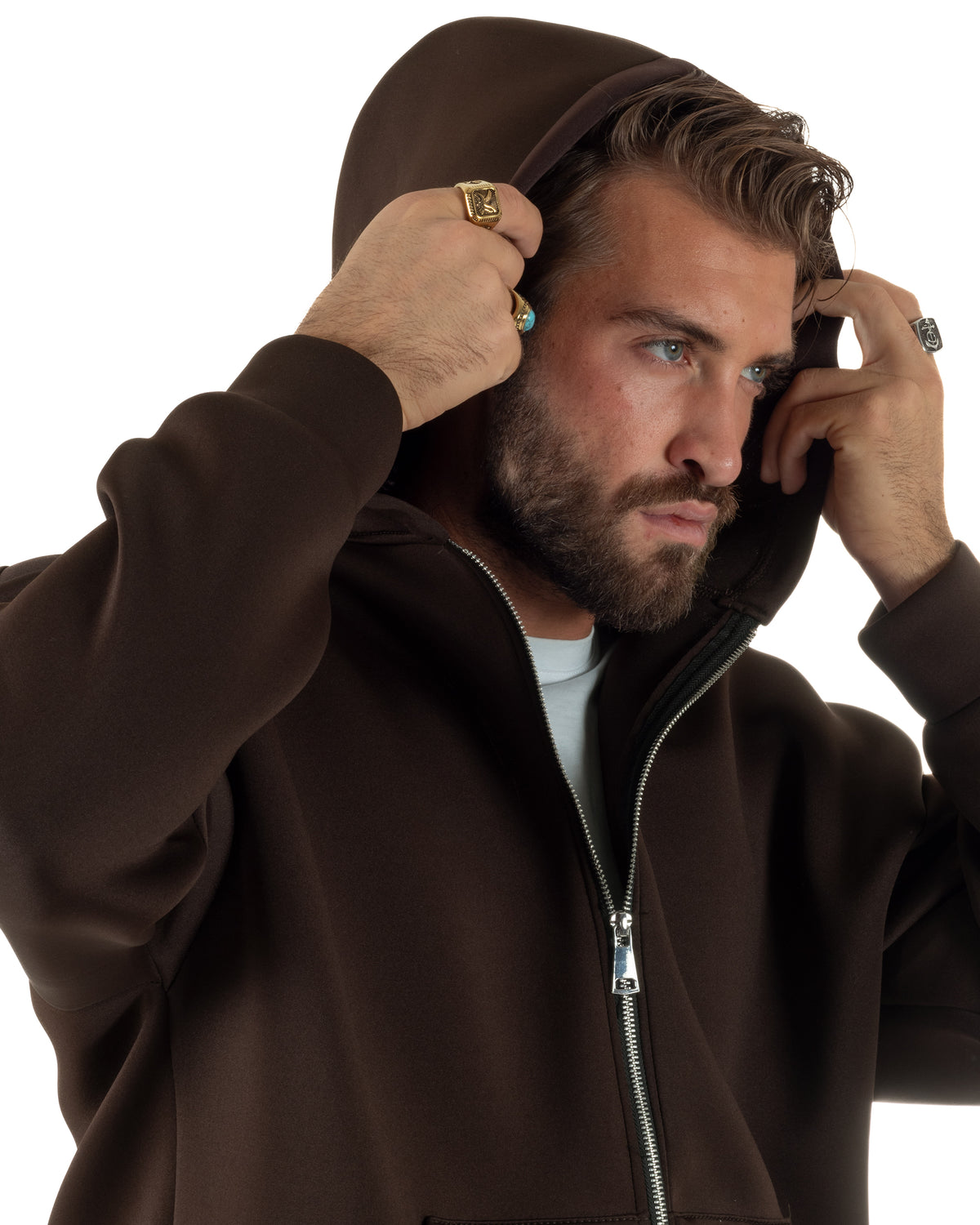 Felpa uomo scuba boxy fit cropped con cappuccio e zip marrone GIOSAL-F3085A