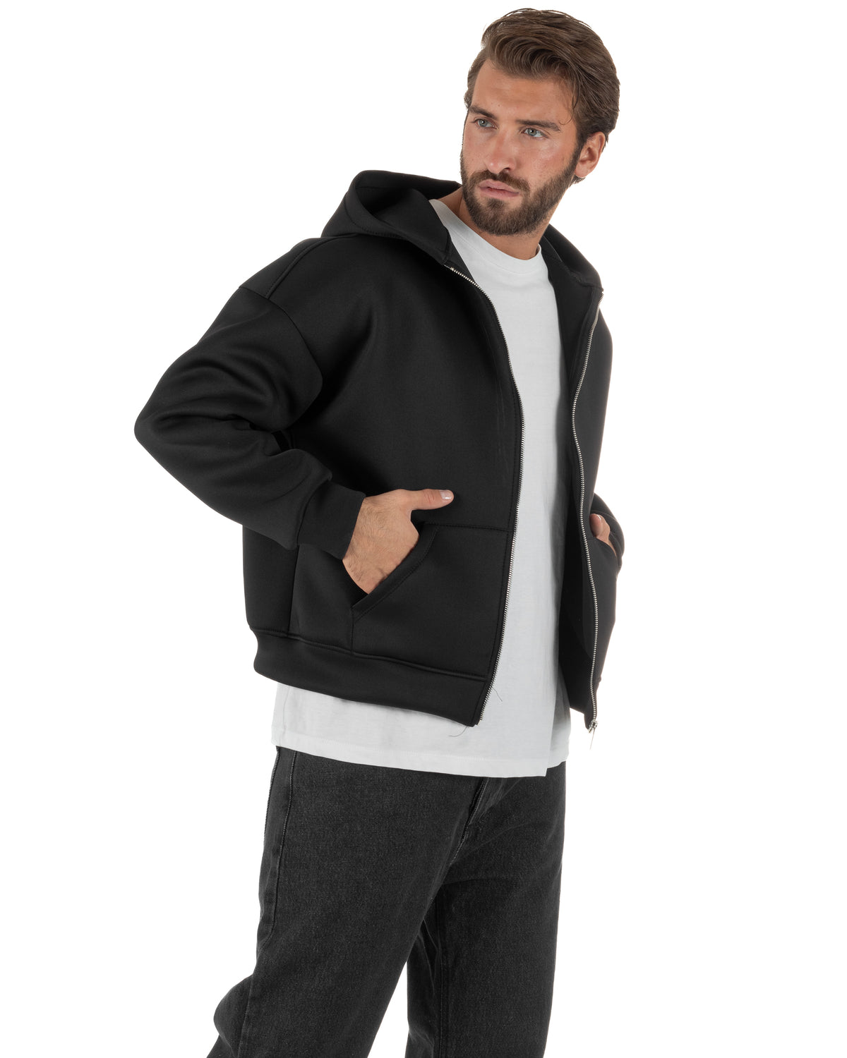 Felpa uomo scuba boxy fit cropped con cappuccio e zip nero GIOSAL-F3086A