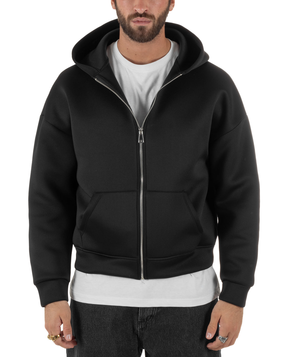 Felpa uomo scuba boxy fit cropped con cappuccio e zip nero GIOSAL-F3086A