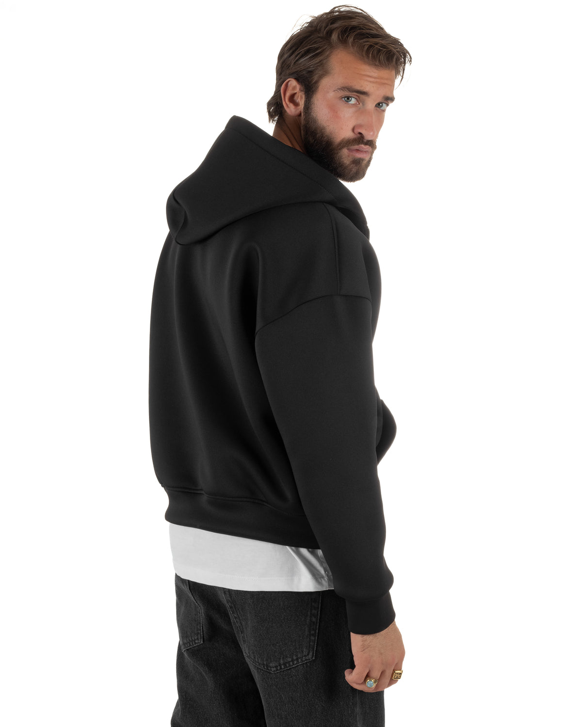 Felpa uomo scuba boxy fit cropped con cappuccio e zip nero GIOSAL-F3086A