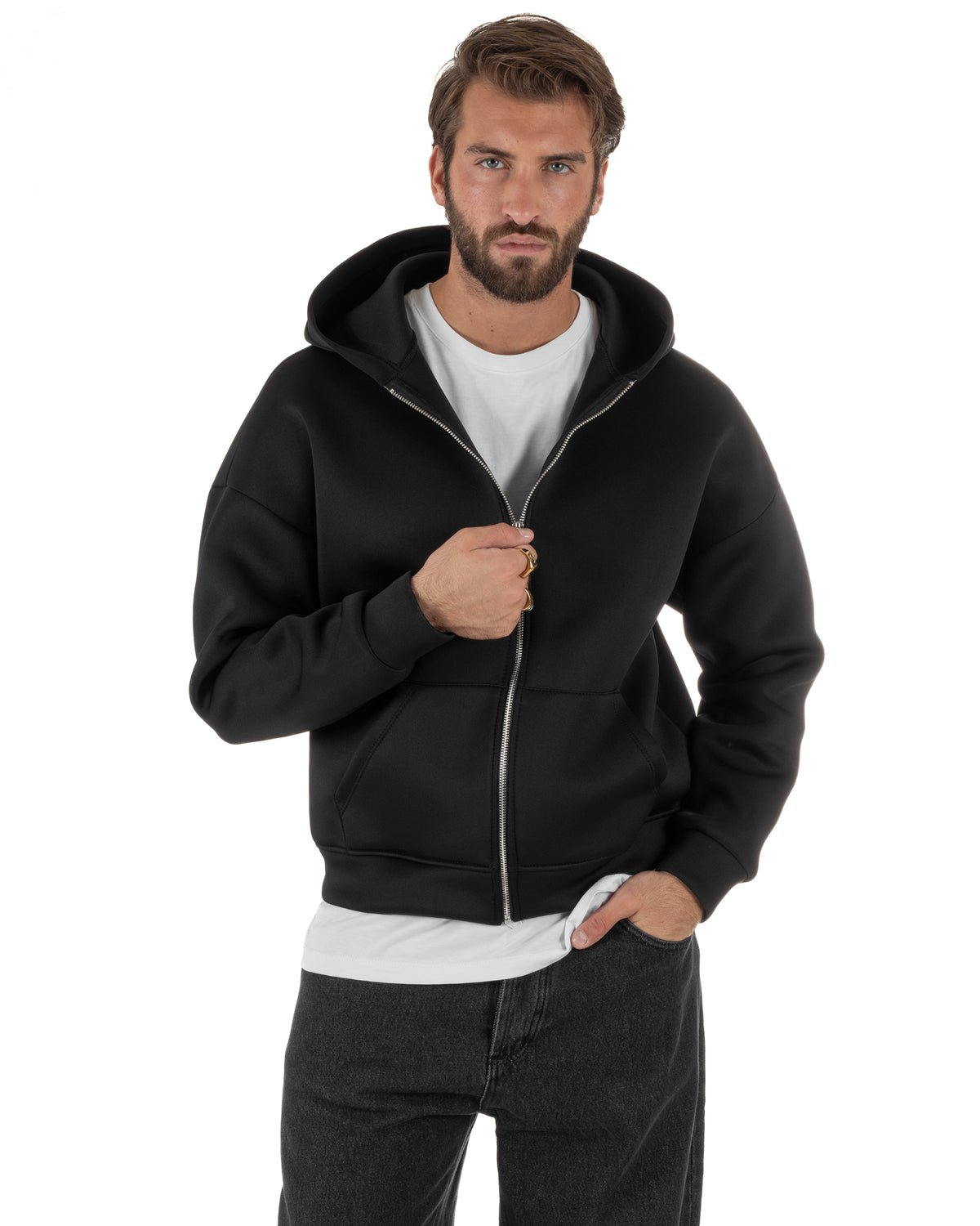 Felpa uomo scuba boxy fit cropped con cappuccio e zip nero GIOSAL-F3086A
